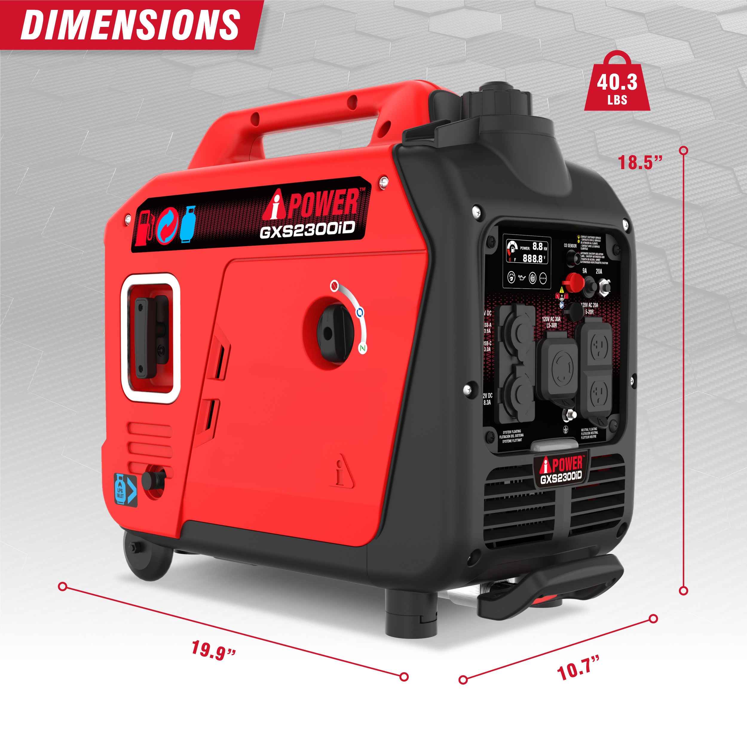 2300W Portable Dual Fuel Inverter Generator With CO Alert & 24h Run Time