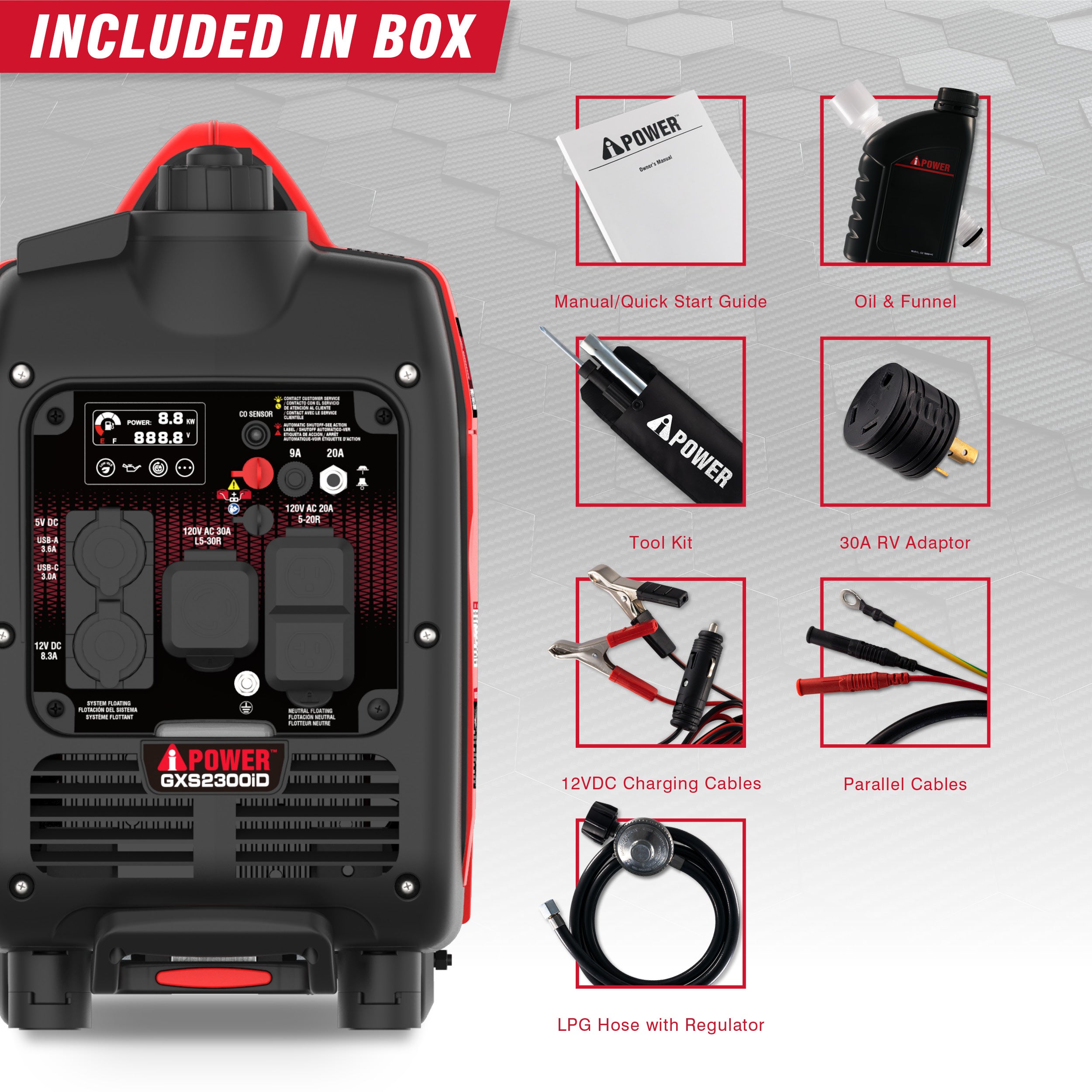 2300W Portable Dual Fuel Inverter Generator With CO Alert & 24h Run Time