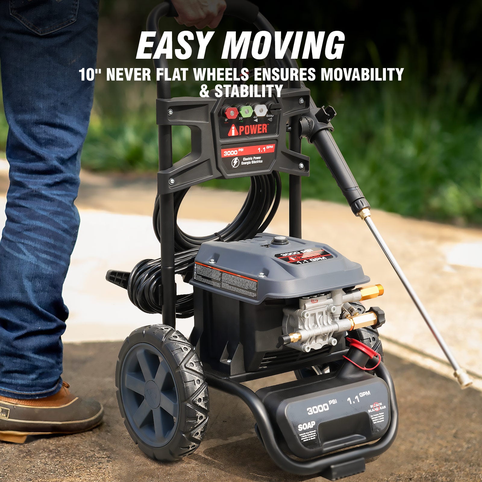 3000 PSI Electric Pressure Washer 1.1 GPM Portable High‑Pressure Cleaner with 25’ Hose & 4 Nozzles APW3000E