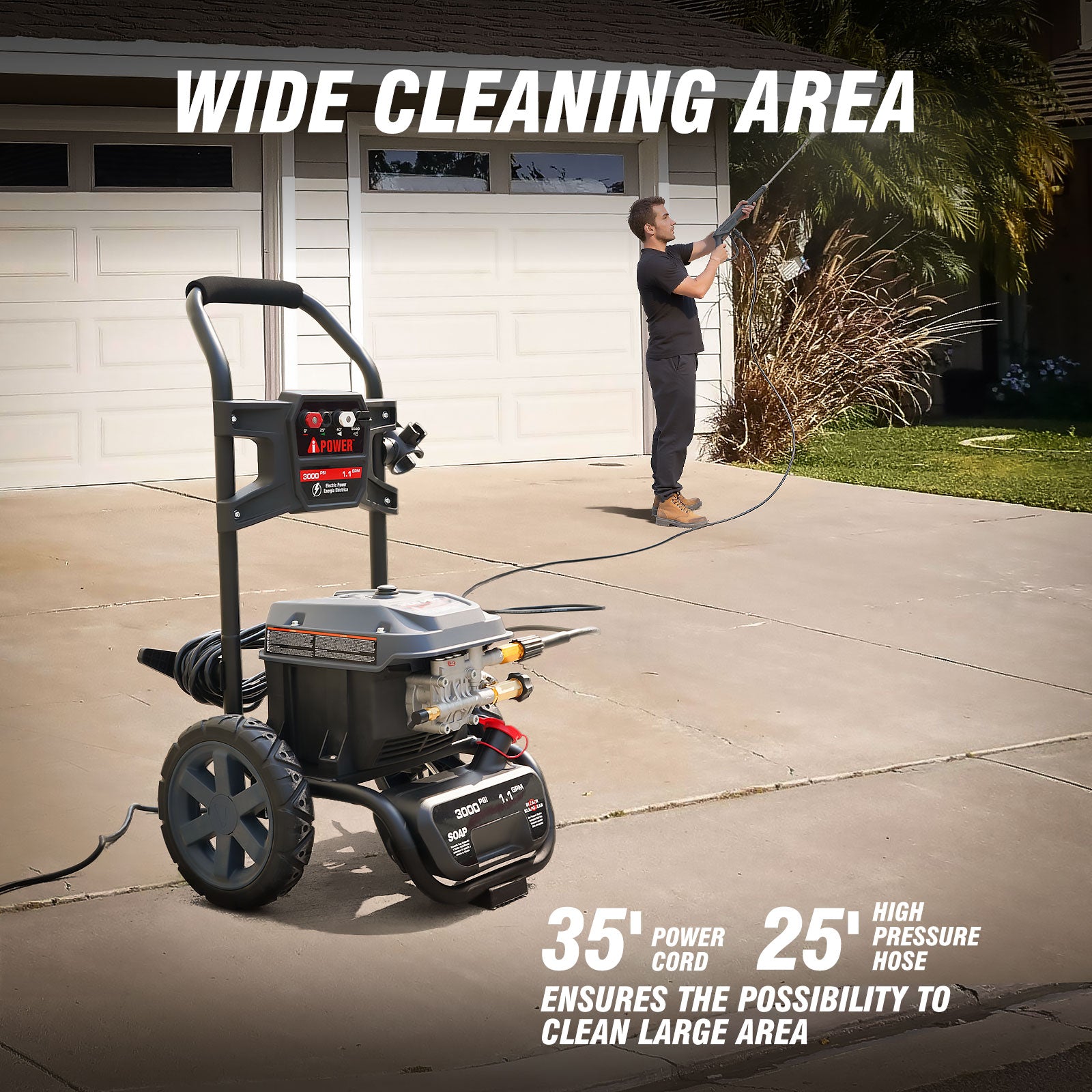 3000 PSI Electric Pressure Washer 1.1 GPM Portable High‑Pressure Cleaner with 25’ Hose & 4 Nozzles APW3000E