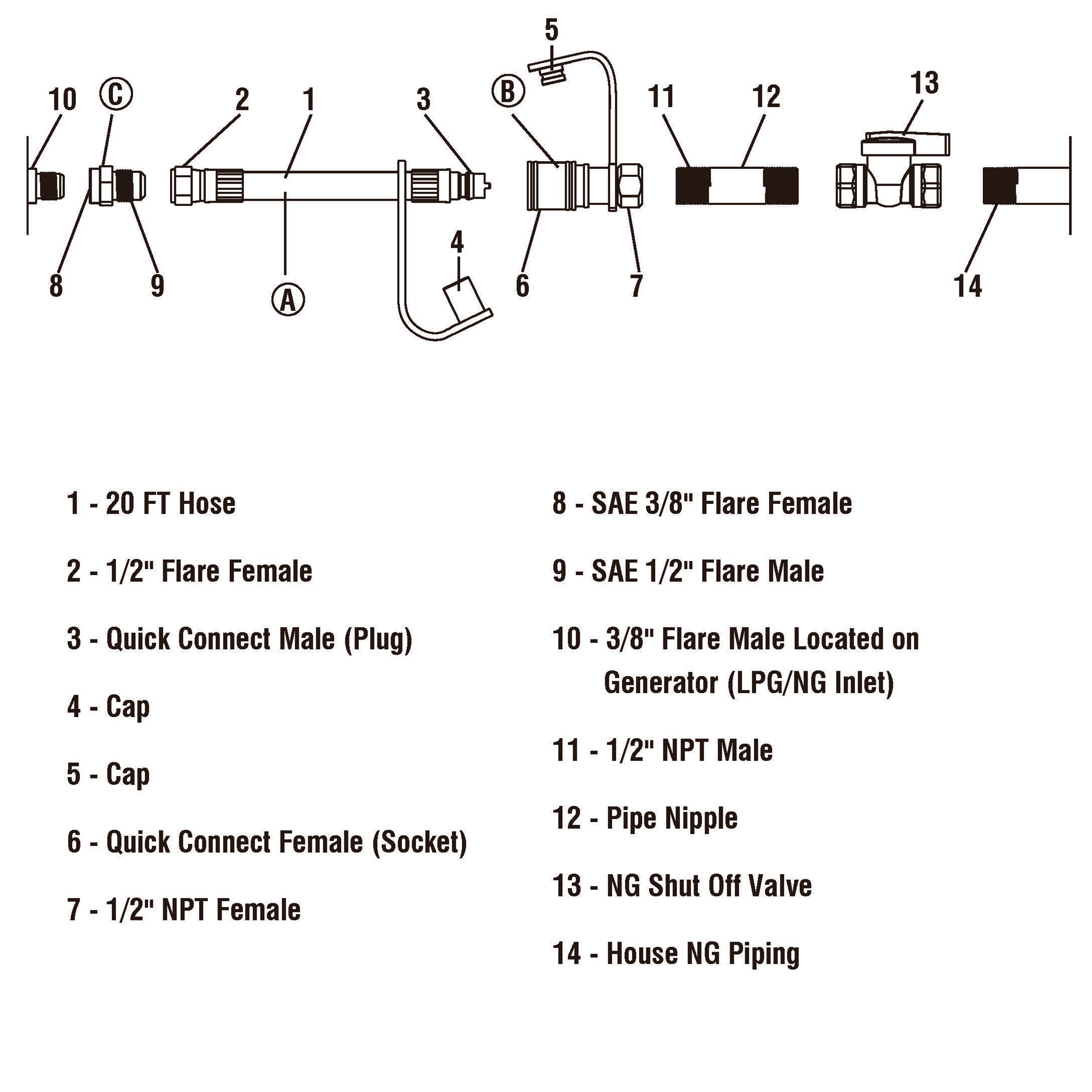 H1002 20’ Quick Connect 1/2" Natural Gas Hose Kit – 20ft Quick‑Connect Natural Gas Hose with Brass Fittings, Weather‑Proof 1/2″ Generator Accessory Adapter Kit