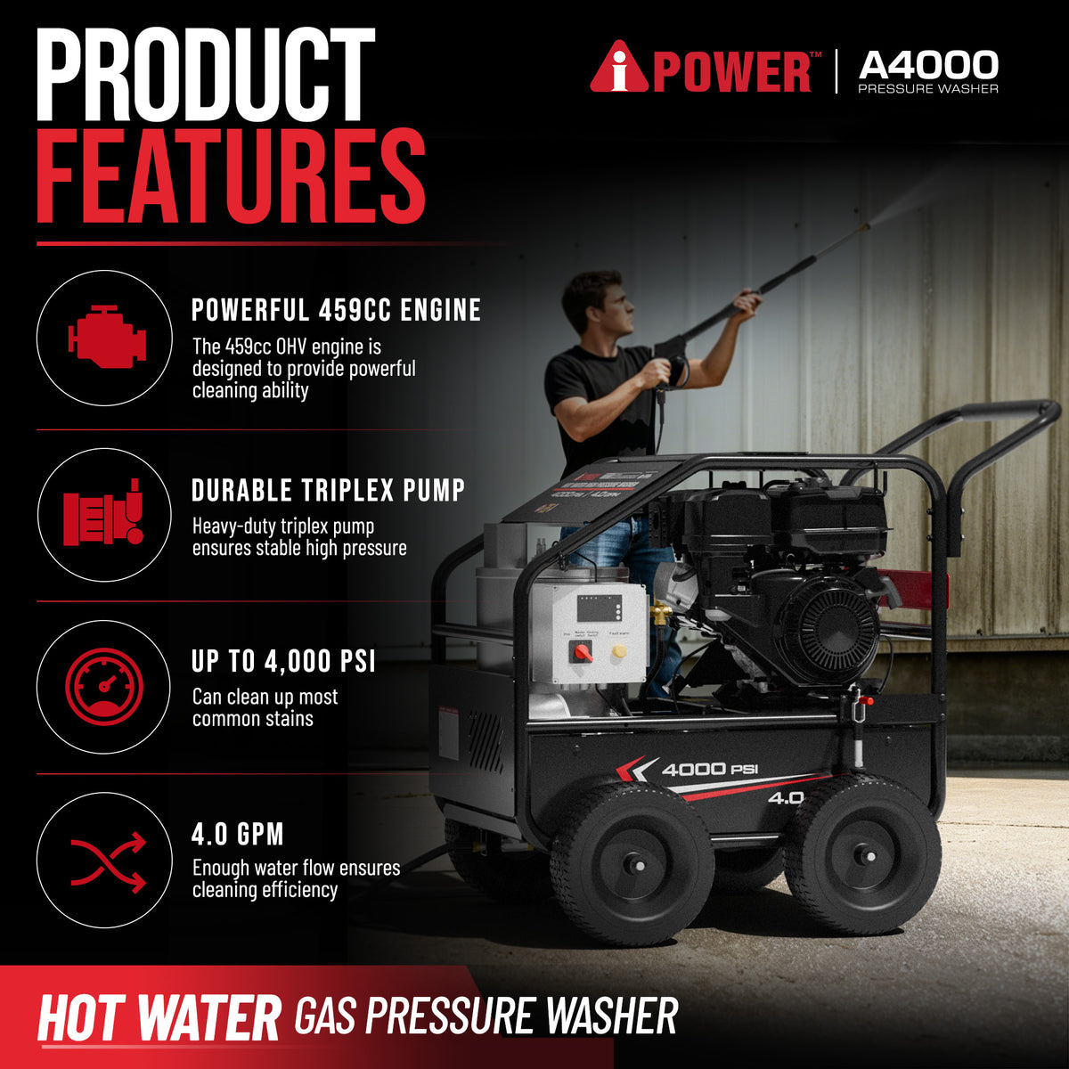 AiPower Gas Hot Water Pressure Washer 4000 PSI 4.0 GPM with Diesel Heater EPA Certified, A4000