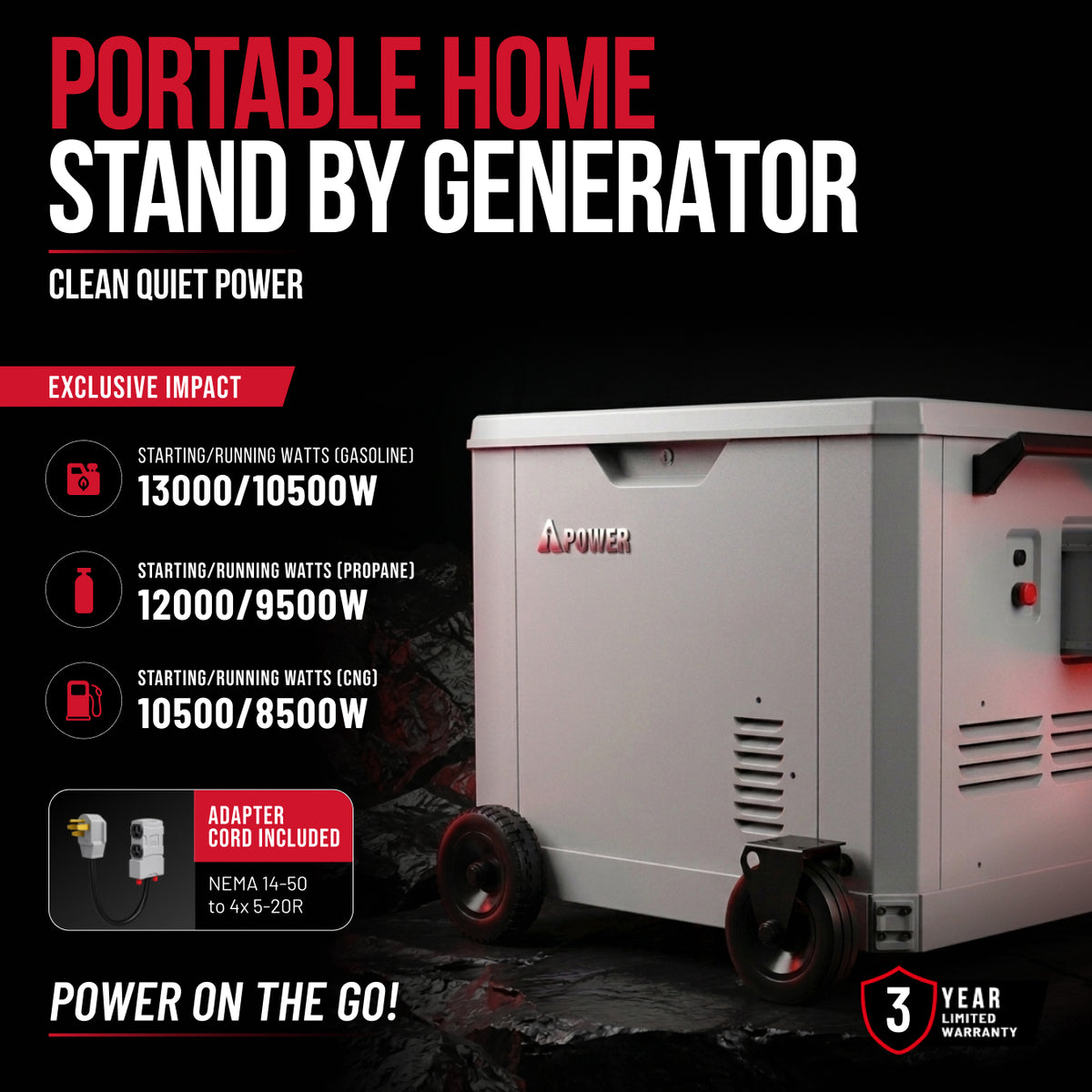 13,000W Tri-Fuel Portable Inverter Generator – 10,500W Running, Gasoline/Propane/NG, 120/240V 50A, Remote & Electric Start