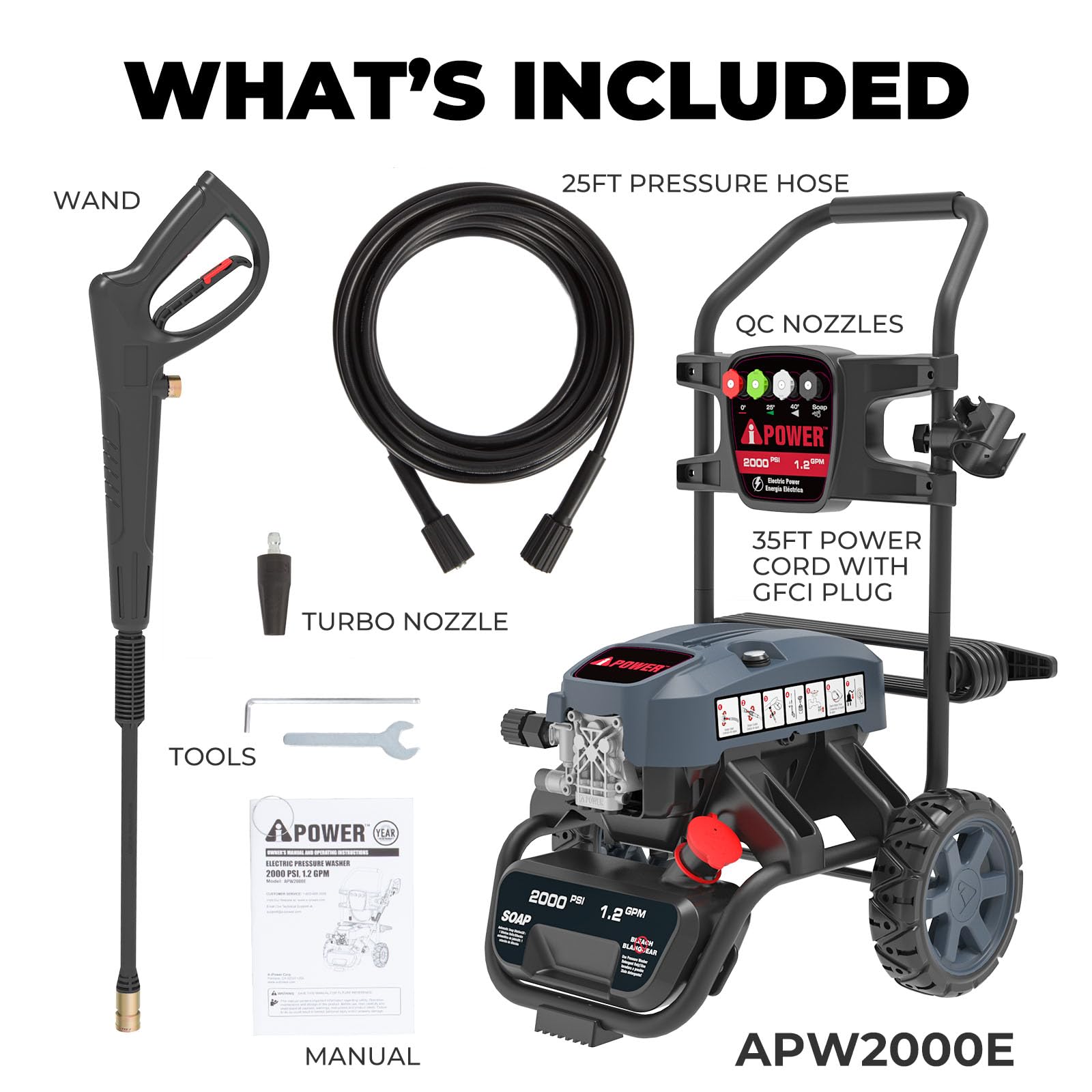 2000 PSI Electric Pressure Washer with 1.2 GPM Pump, Portable 25’ Hose & 4 Nozzles APW2000E