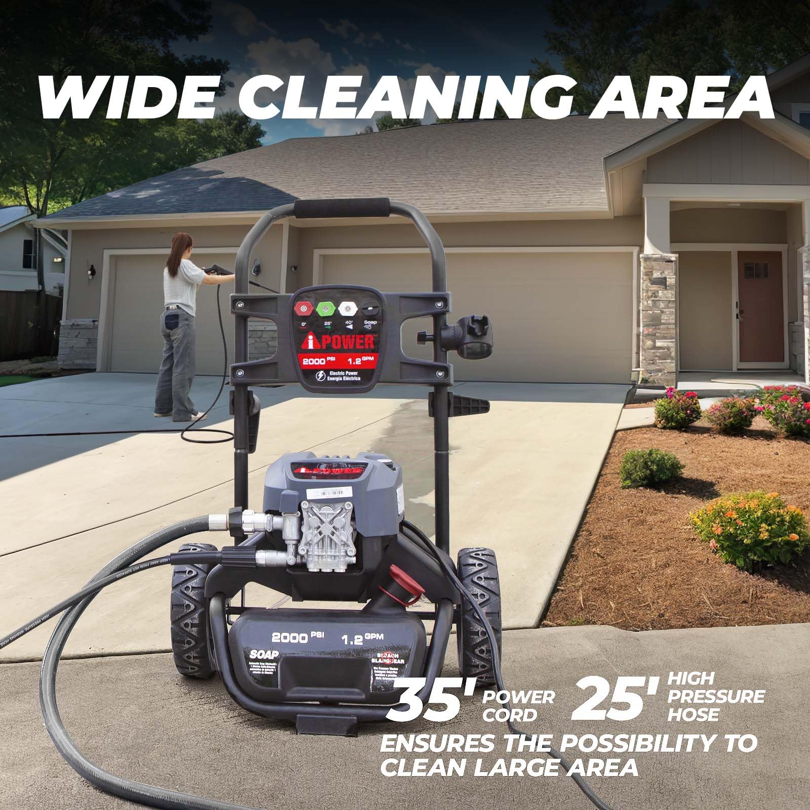 2000 PSI Electric Pressure Washer with 1.2 GPM Pump, Portable 25’ Hose & 4 Nozzles APW2000E