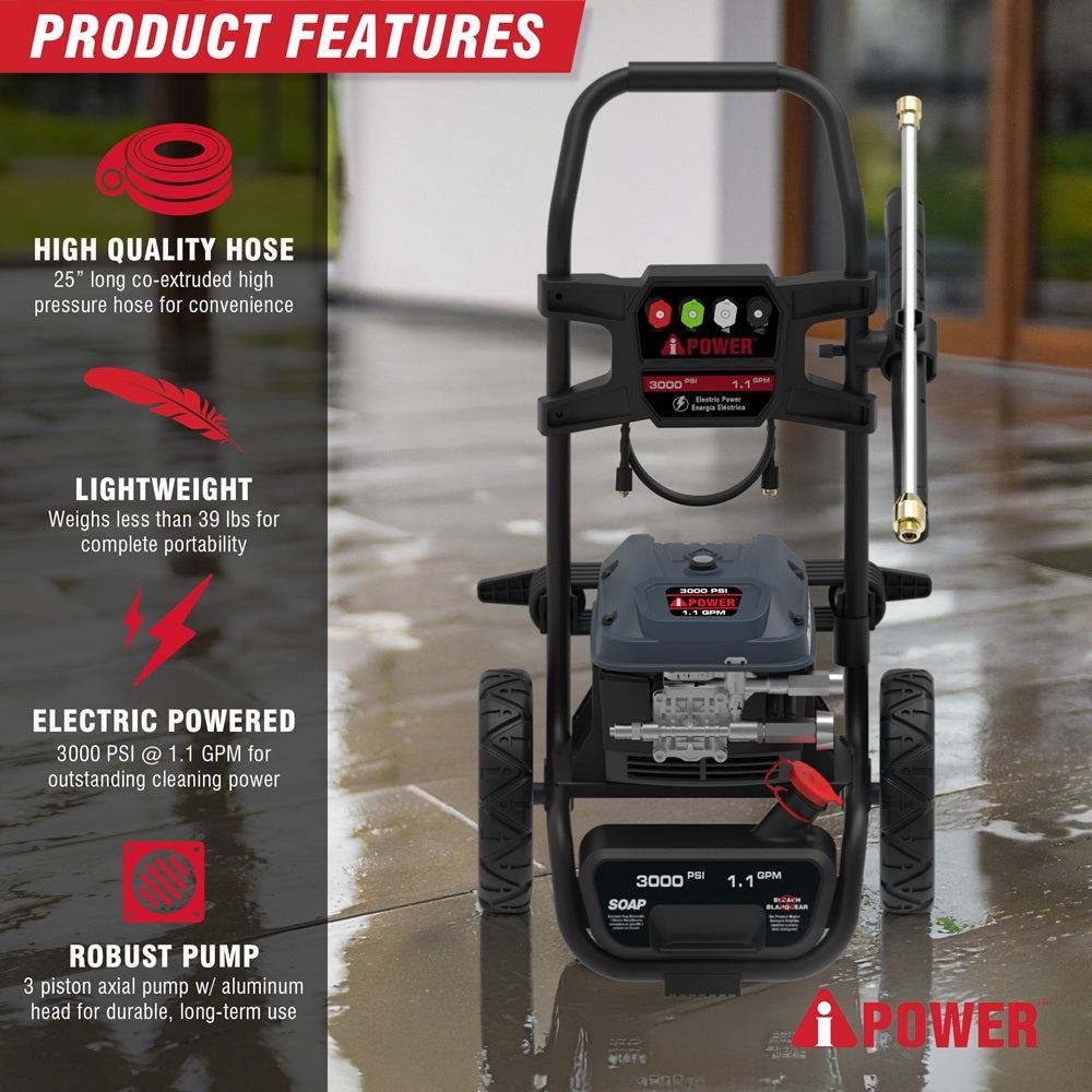 3000 PSI Electric Pressure Washer 1.1 GPM Portable High‑Pressure Cleaner with 25’ Hose & 4 Nozzles APW3000E
