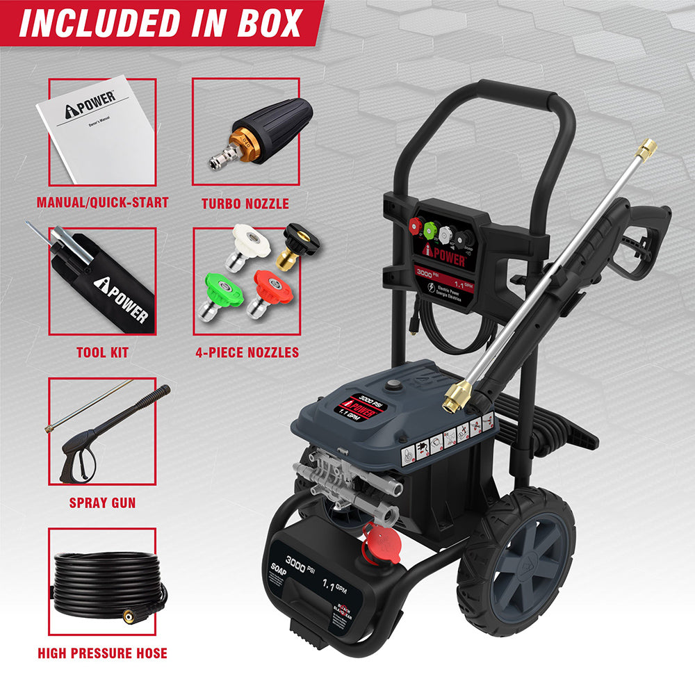 3000 PSI Electric Pressure Washer 1.1 GPM Portable High‑Pressure Cleaner with 25’ Hose & 4 Nozzles APW3000E