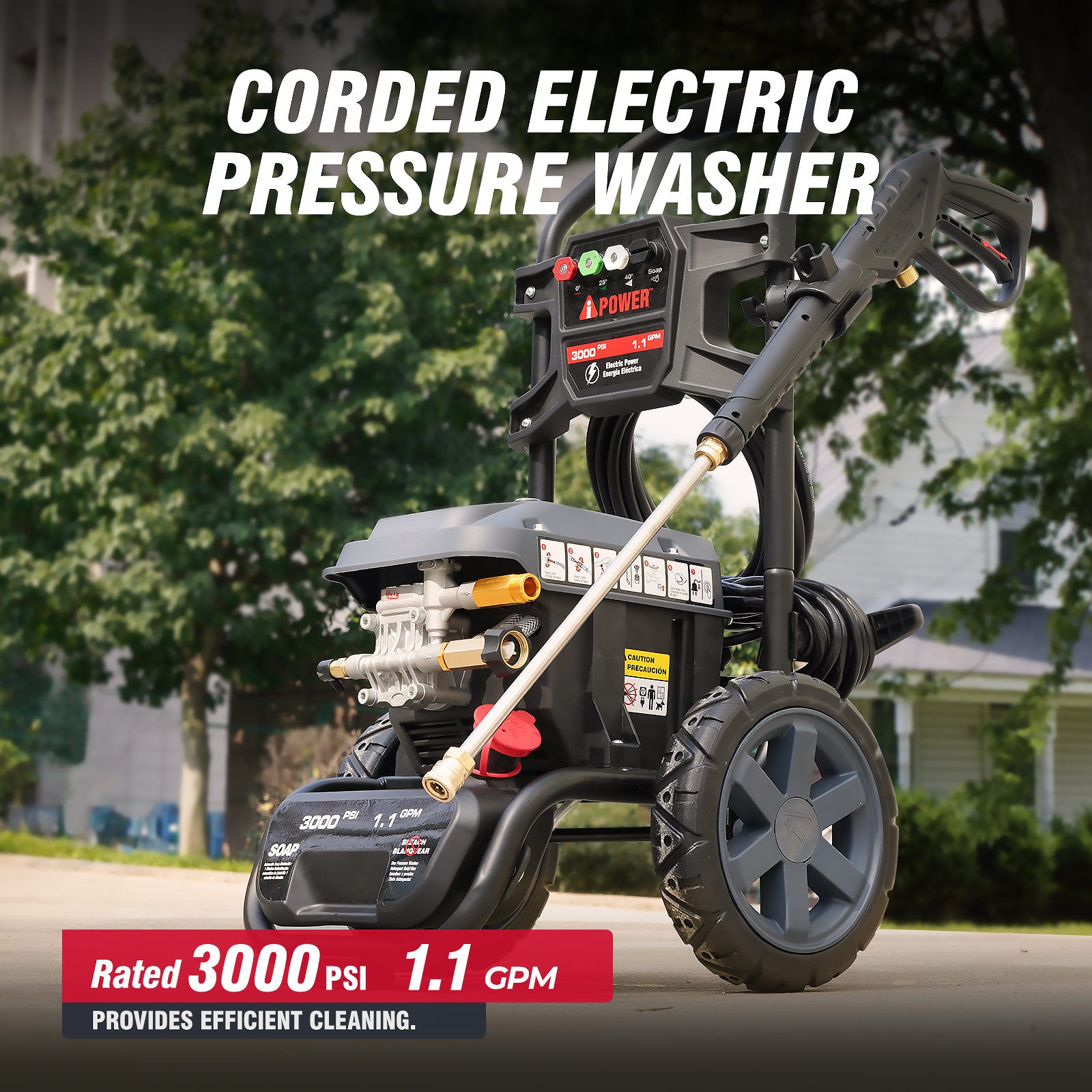3000 PSI Electric Pressure Washer 1.1 GPM Portable High‑Pressure Cleaner with 25’ Hose & 4 Nozzles APW3000E