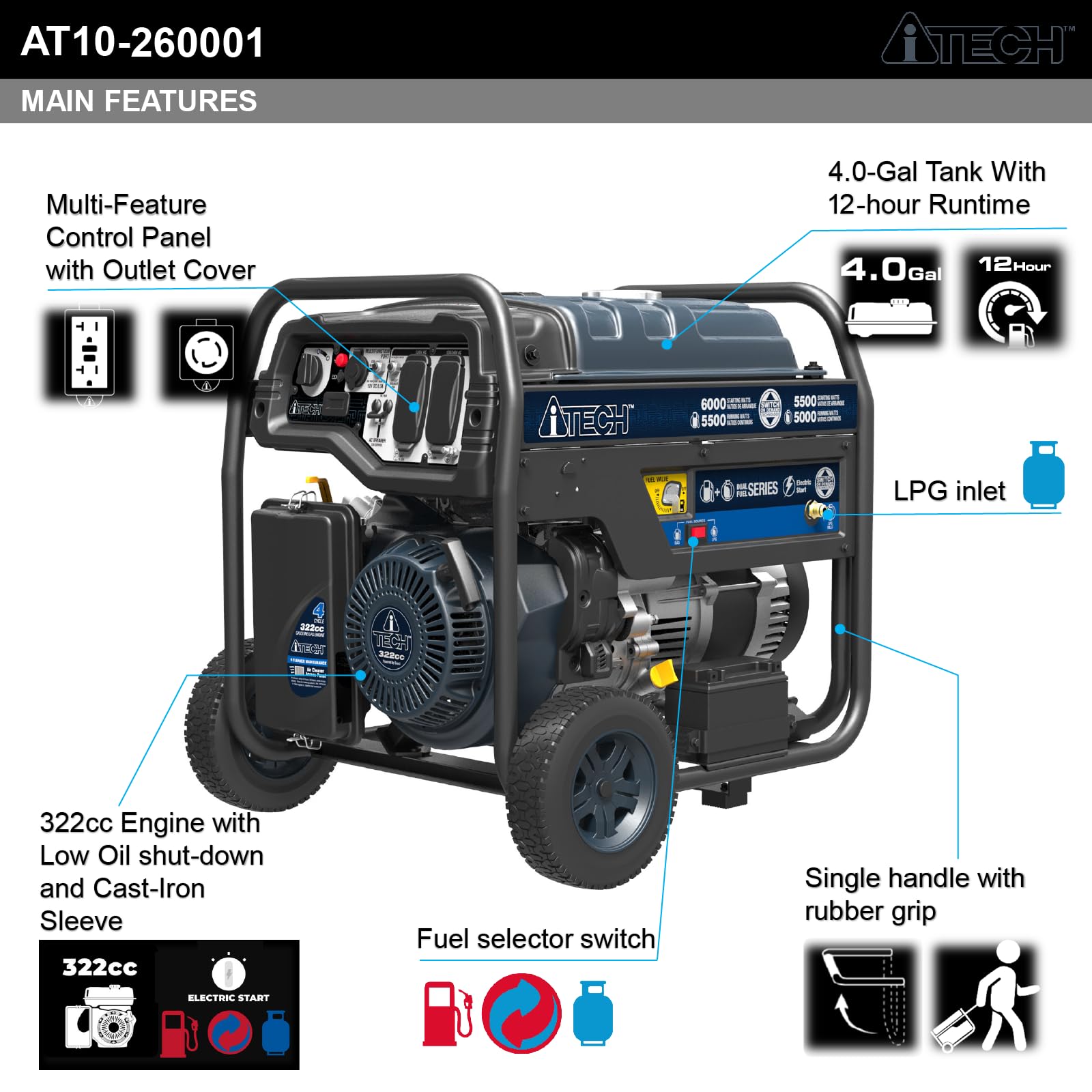 5000W / 6000W Portable Dual Fuel Generator , Electric Start, Gas & Propane Powered, CO Sensor AT10-260001