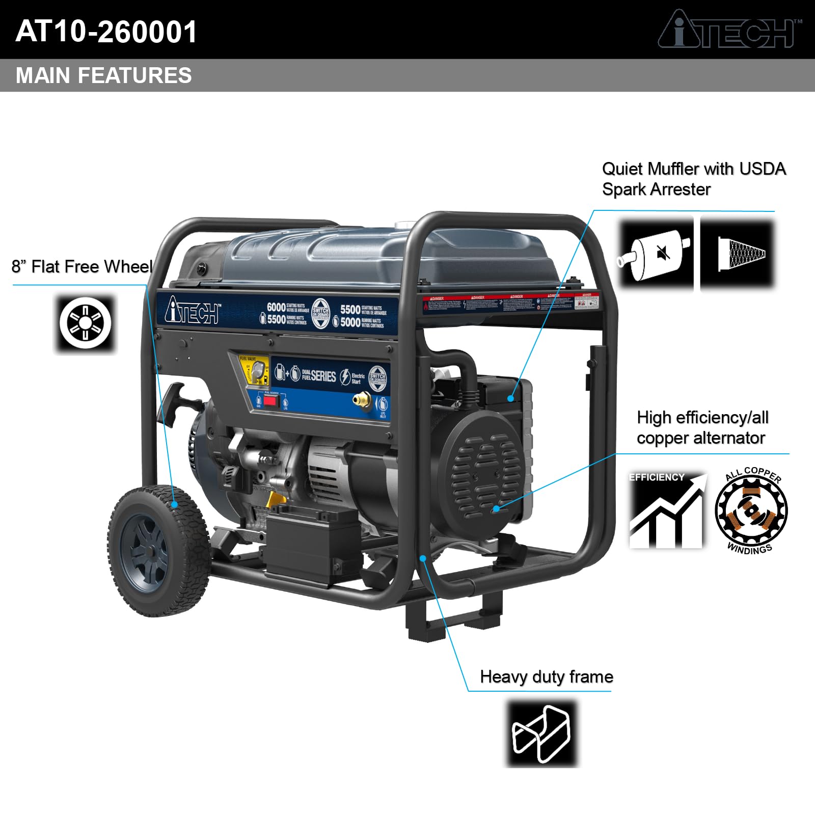 5000W / 6000W Portable Dual Fuel Generator , Electric Start, Gas & Propane Powered, CO Sensor AT10-260001