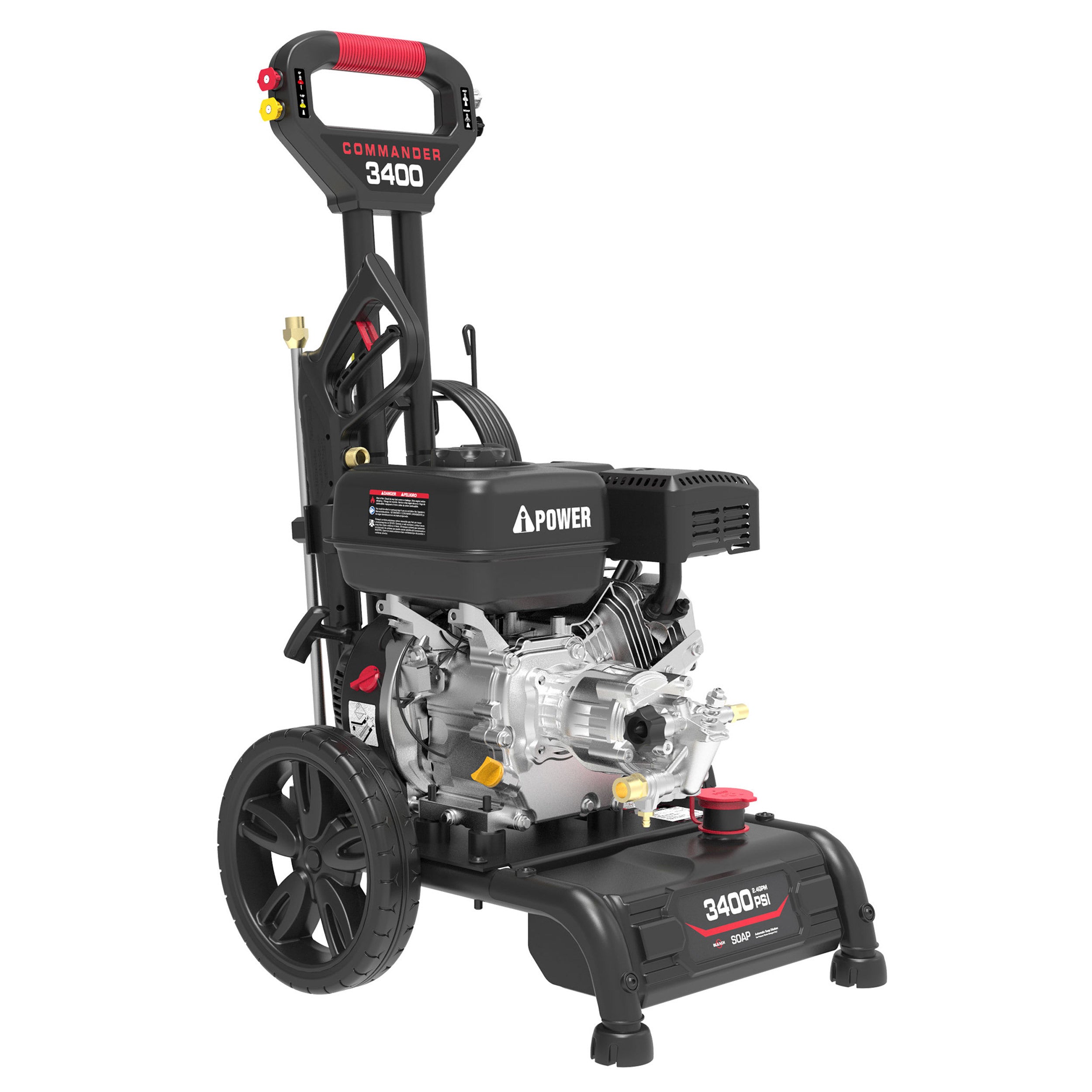AiPower Single Handle Gas Pressure Washer 3400PSI 2.4 GPM Gas Powered Pressure Washer 10'' Wheel Gas Power Washer, Onboard Soap Tank, with Spray Gun and 4 QC Nozzles, for Fence/Cars/Driveways (C3400)