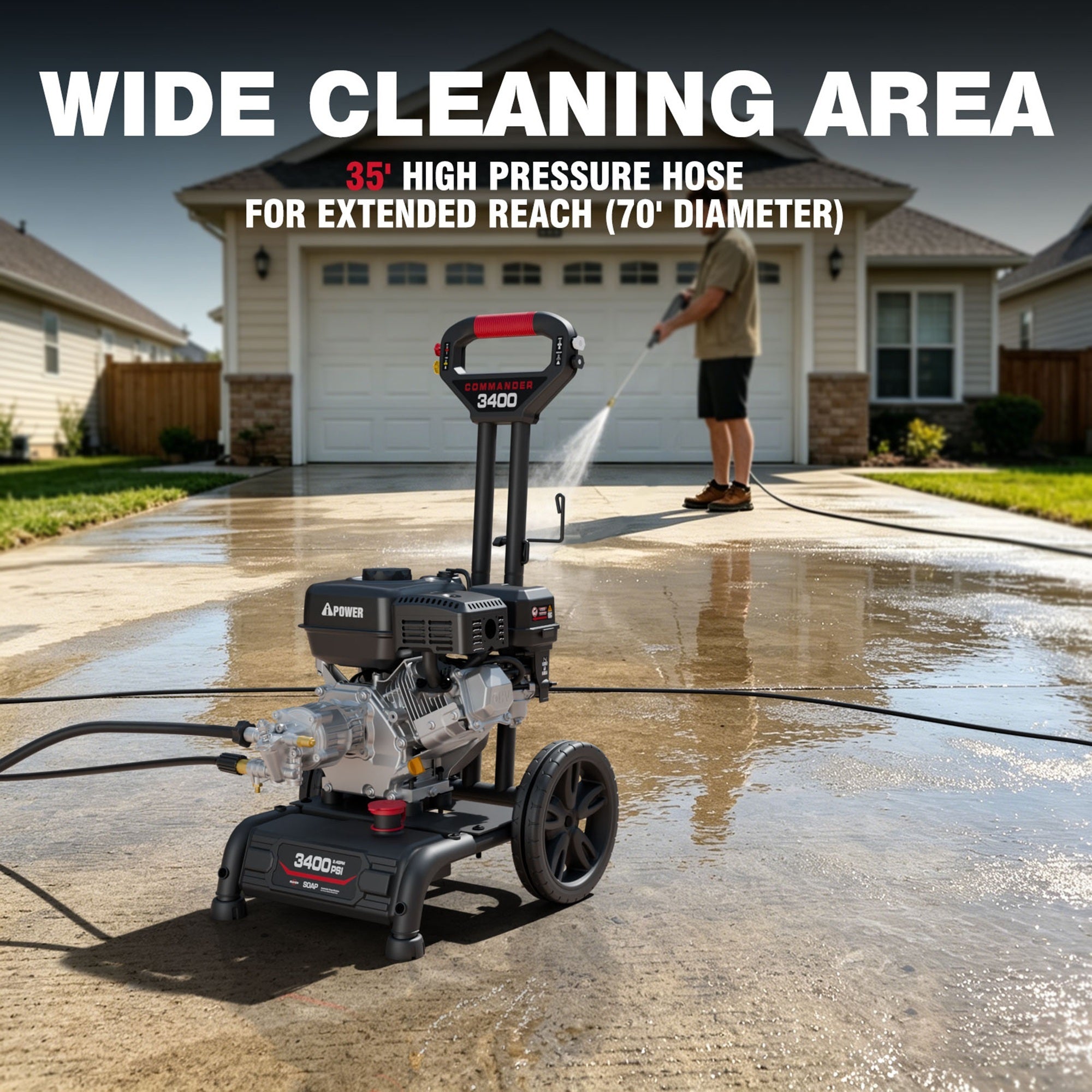 AiPower Single Handle Gas Pressure Washer 3400PSI 2.4 GPM Gas Powered Pressure Washer 10'' Wheel Gas Power Washer, Onboard Soap Tank, with Spray Gun and 4 QC Nozzles, for Fence/Cars/Driveways (C3400)