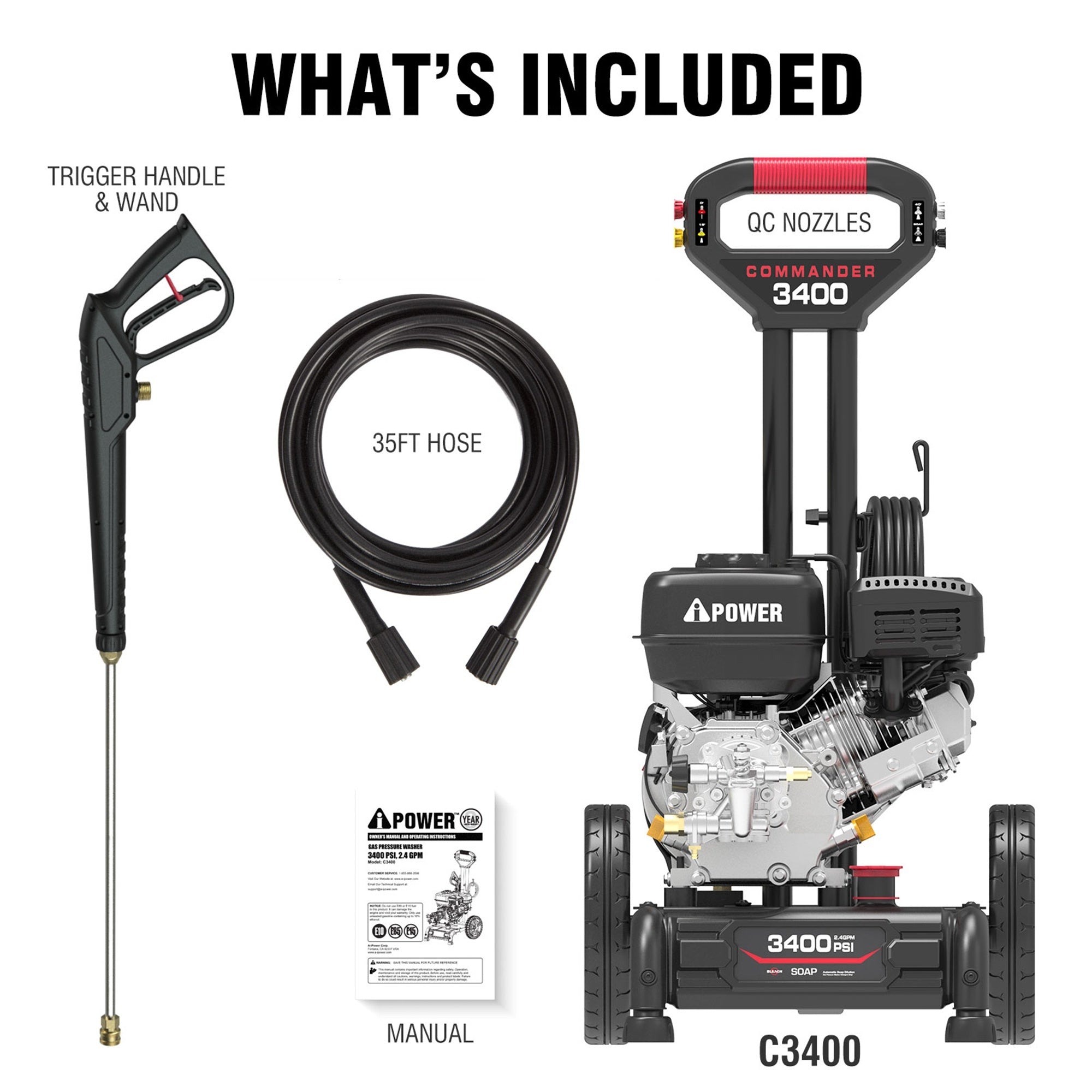 AiPower Single Handle Gas Pressure Washer 3400PSI 2.4 GPM Gas Powered Pressure Washer 10'' Wheel Gas Power Washer, Onboard Soap Tank, with Spray Gun and 4 QC Nozzles, for Fence/Cars/Driveways (C3400)