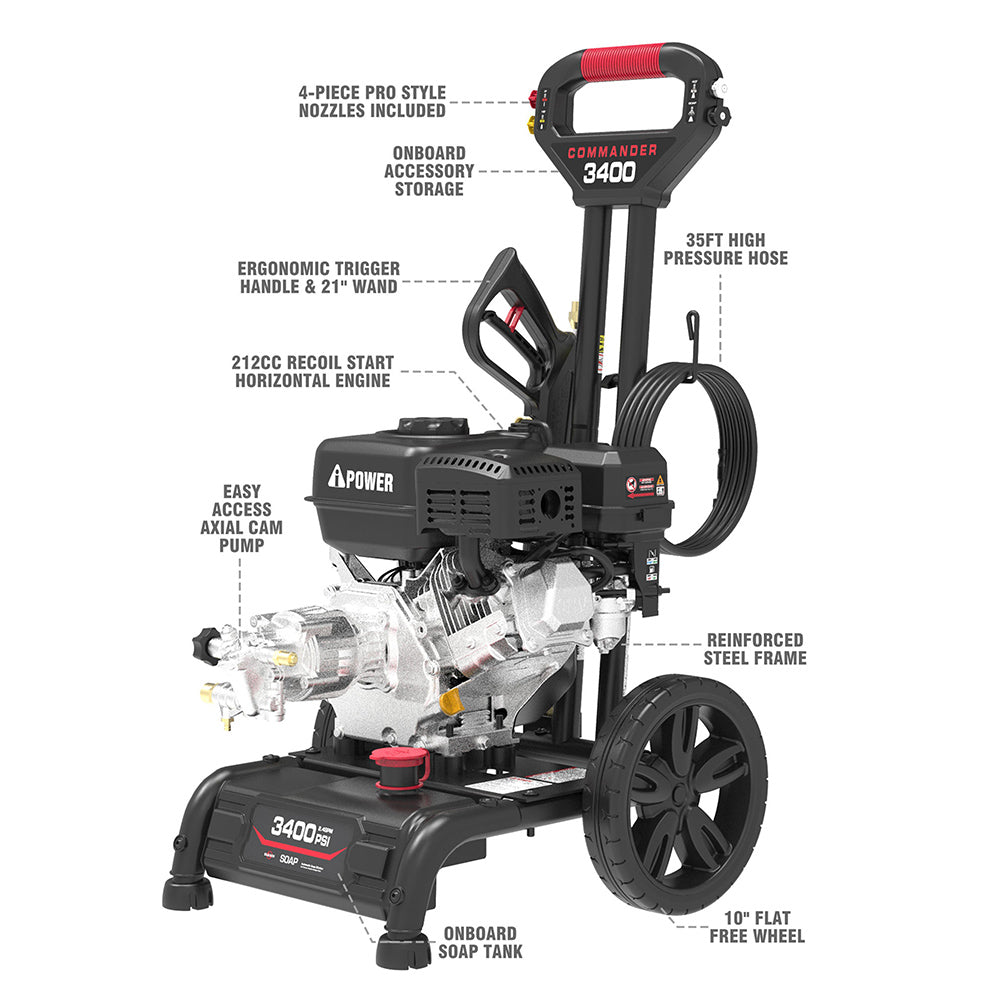 AiPower Single Handle Gas Pressure Washer 3400PSI 2.4 GPM Gas Powered Pressure Washer 10'' Wheel Gas Power Washer, Onboard Soap Tank, with Spray Gun and 4 QC Nozzles, for Fence/Cars/Driveways (C3400)