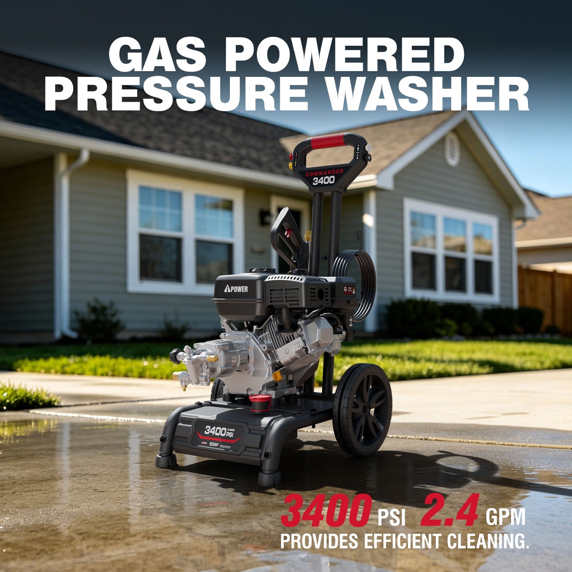 AiPower Single Handle Gas Pressure Washer 3400PSI 2.4 GPM Gas Powered Pressure Washer 10'' Wheel Gas Power Washer, Onboard Soap Tank, with Spray Gun and 4 QC Nozzles, for Fence/Cars/Driveways (C3400)