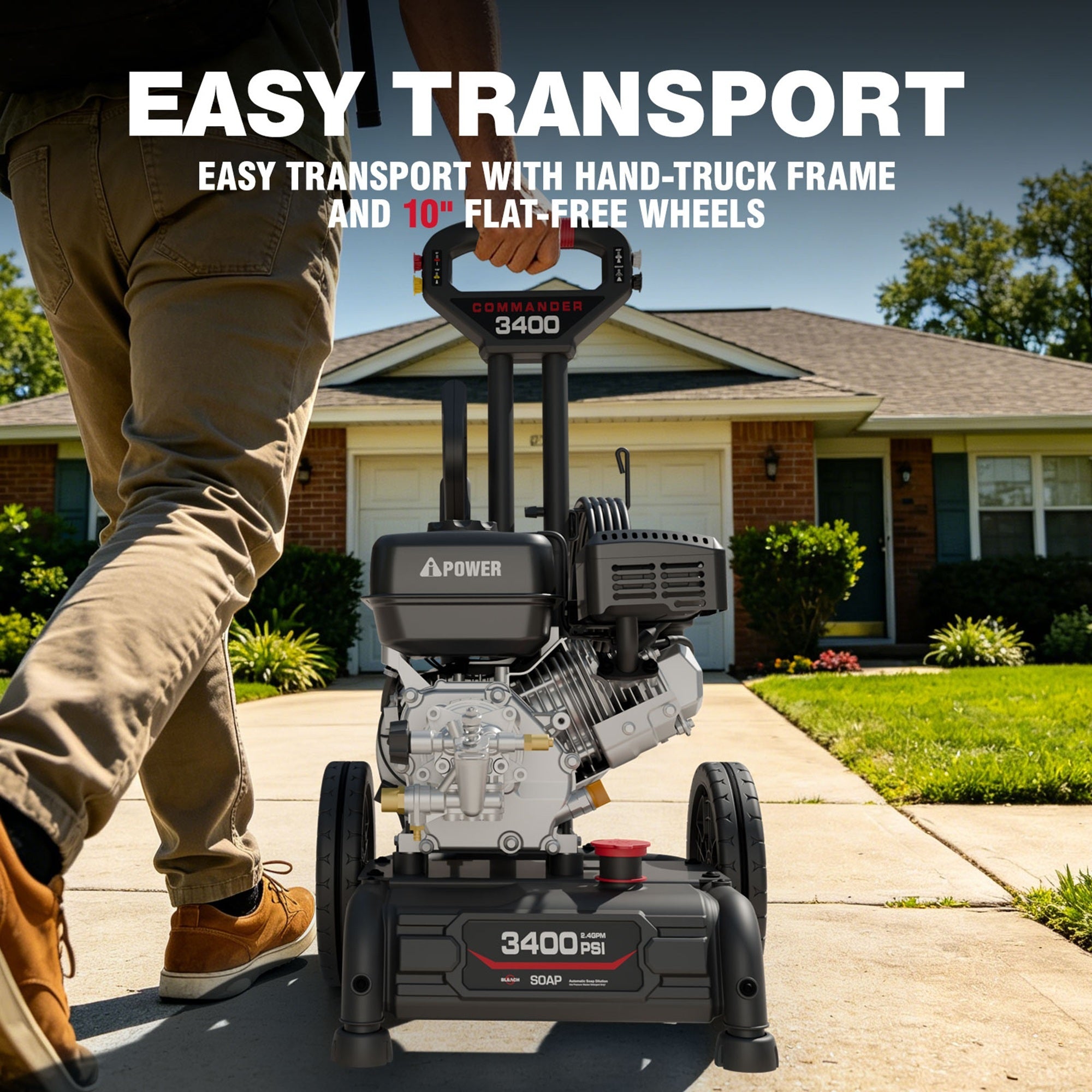 AiPower Single Handle Gas Pressure Washer 3400PSI 2.4 GPM Gas Powered Pressure Washer 10'' Wheel Gas Power Washer, Onboard Soap Tank, with Spray Gun and 4 QC Nozzles, for Fence/Cars/Driveways (C3400)