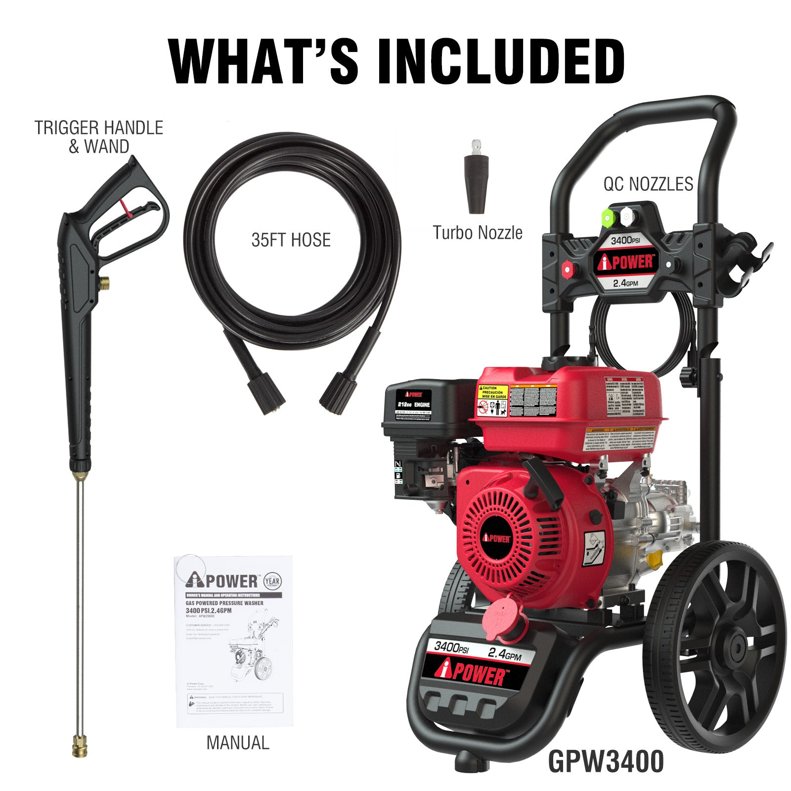Gas Pressure Washer 3400PSI 2.4 GPM Gas Powered Pressure Washer 12'' Wheel GPW3400