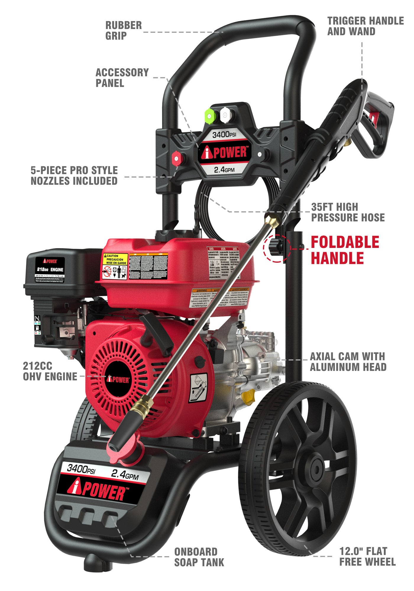 Gas Pressure Washer 3400PSI 2.4 GPM Gas Powered Pressure Washer 12'' Wheel GPW3400