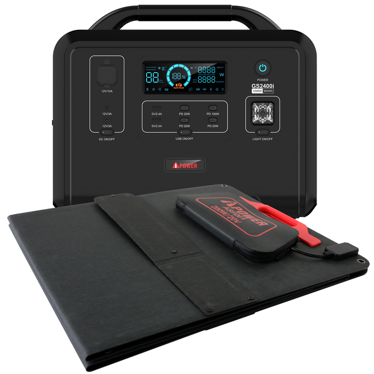 GS2400i+200W Solar Panel, 1200W Power Source Solar Generator Bundle