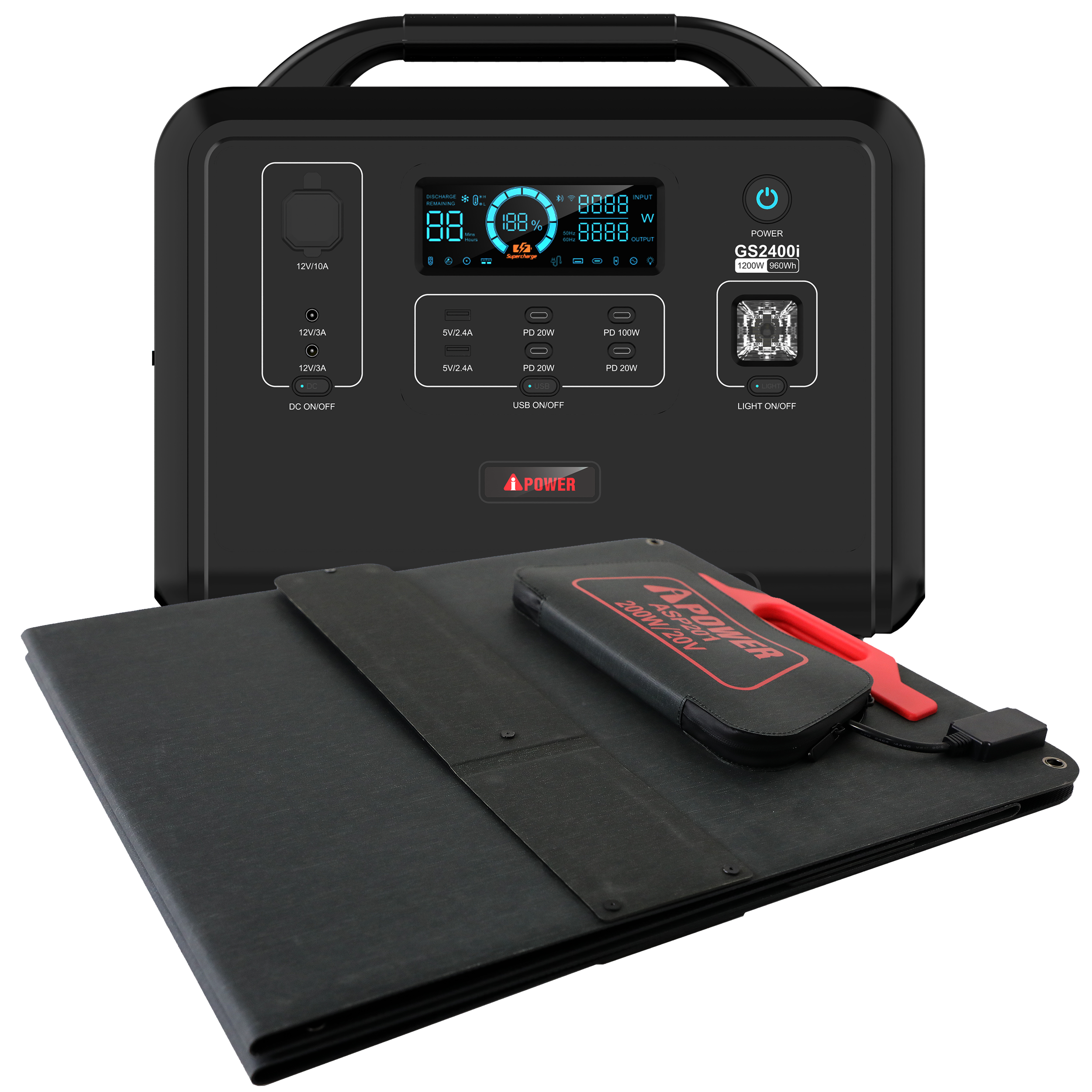 GS2400i+200W Solar Panel, 1200W Power Source Solar Generator Bundle