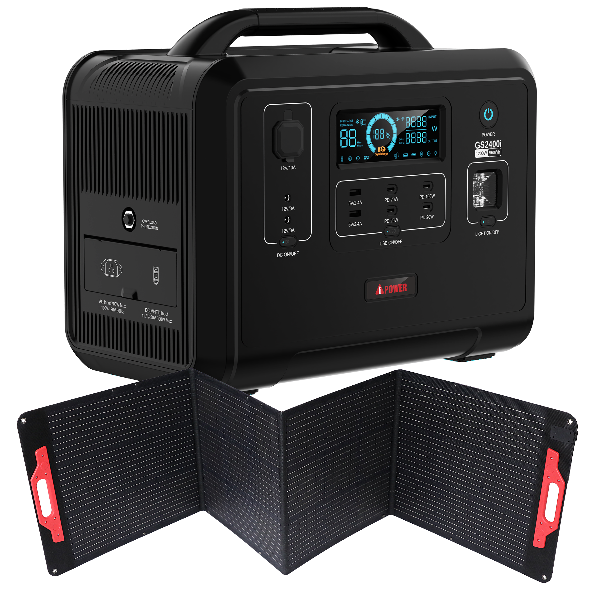 GS2400i+200W Solar Panel, 1200W Power Source Solar Generator Bundle