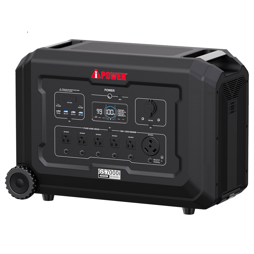 GS7000i 5040Wh Portable Power Station, 4000W Output, 7000W Peak, LiFePO4 Battery, 2100W Solar, 30A RV Ready