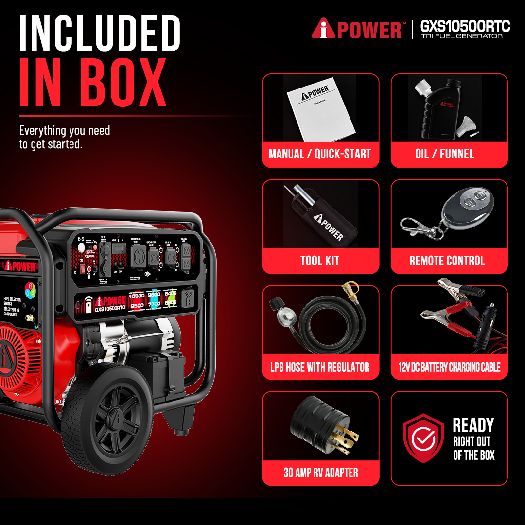10500 Watt Tri Fuel Generator with Remote Start, Natural Gas, Propane & Gas Portable Generator for Home Backup, RV & Jobsite - GXS10500RTC
