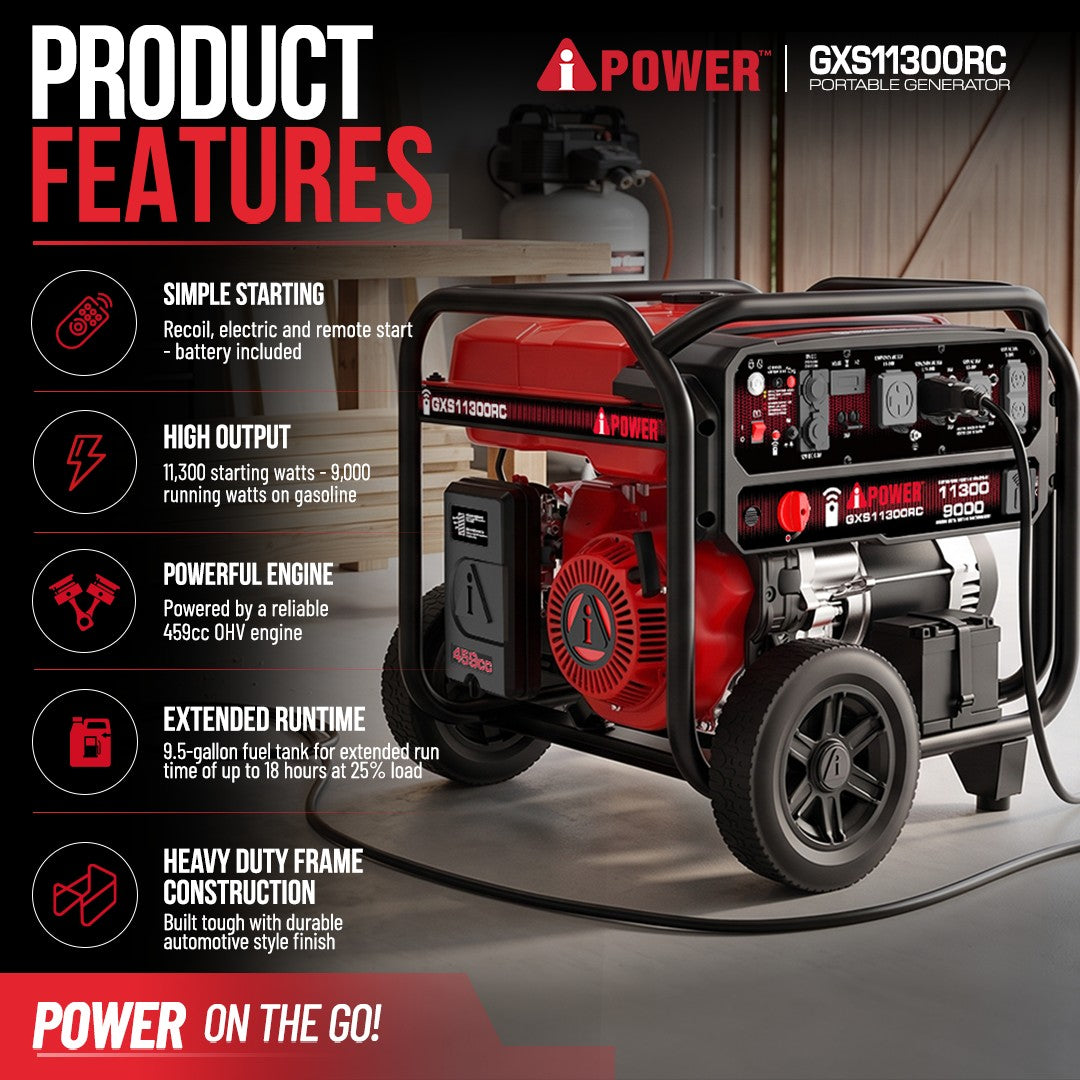 11300 Watt Portable Gas Generator with Remote Start, 50 Amp Generator for Home Backup, RV & Jobsite - GXS11300RC