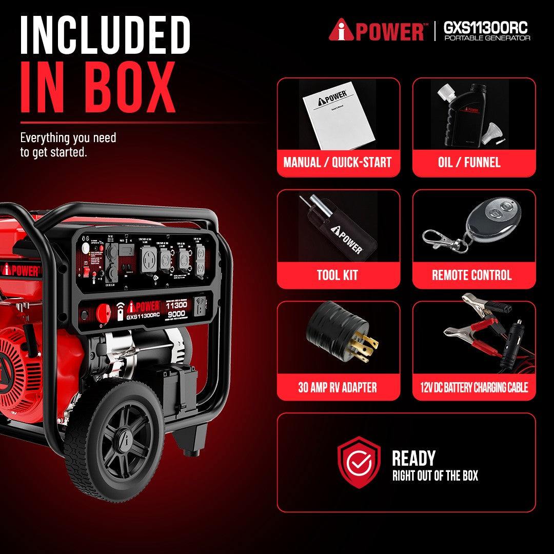 11300 Watt Portable Gas Generator with Remote Start, 50 Amp Generator for Home Backup, RV & Jobsite - GXS11300RC