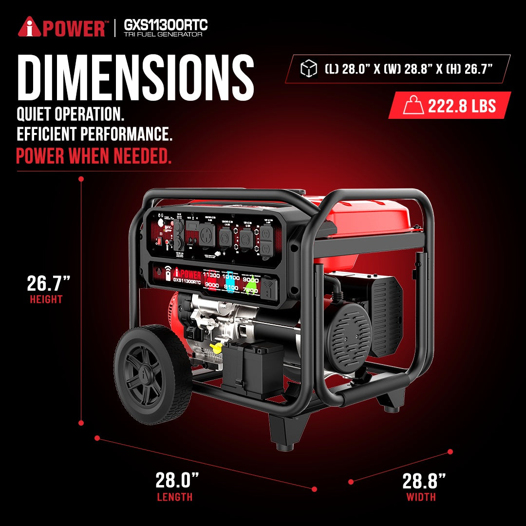 11300 Watt Tri Fuel Generator with Remote Start, Natural Gas, Propane & Gas Portable Generator for Home Backup, RV & Jobsite - GXS11300RTC