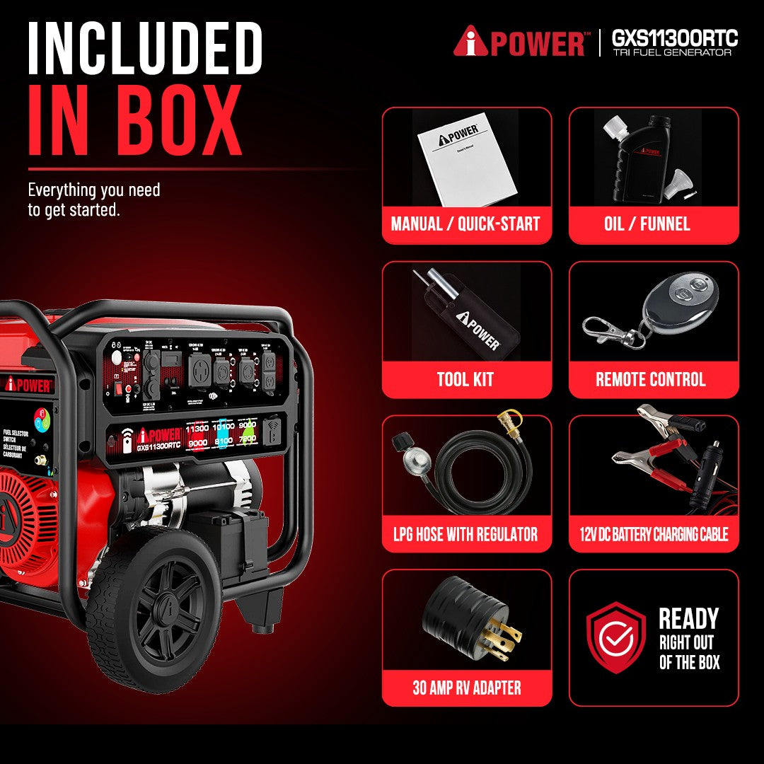 11300 Watt Tri Fuel Generator with Remote Start, Natural Gas, Propane & Gas Portable Generator for Home Backup, RV & Jobsite - GXS11300RTC