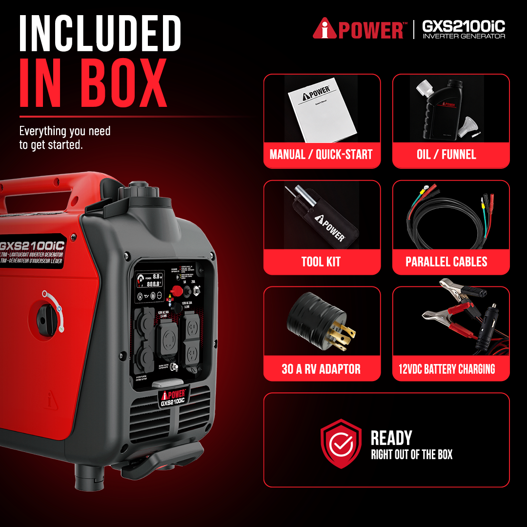 2100W Portable Inverter Generator, 1700 Running Watts, Ultra Lightweight, RV Ready, Camping & Home Backup-GXS2100iC