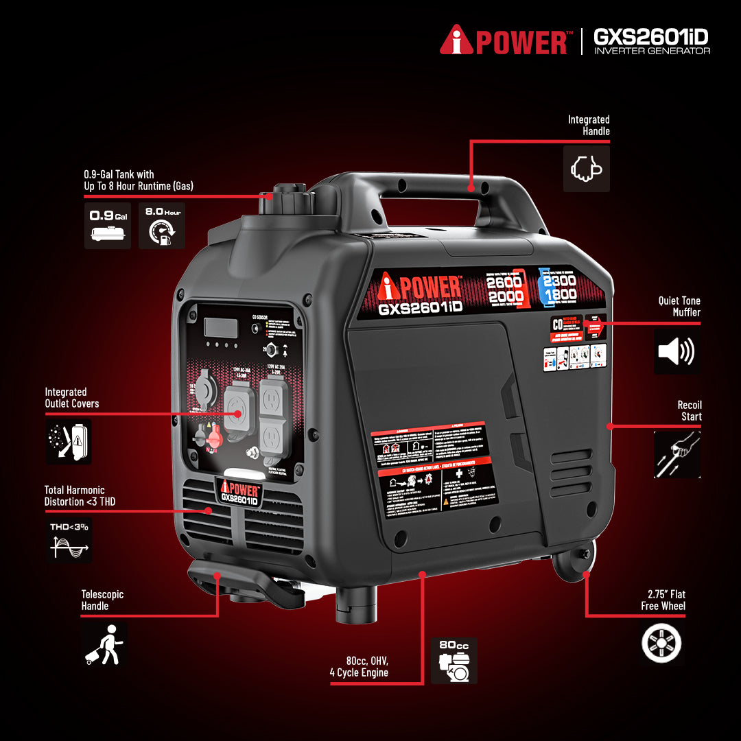 2600W Dual Fuel Inverter Generator with CO Alert for RV, Camping & Home Backup - GXS2601iD