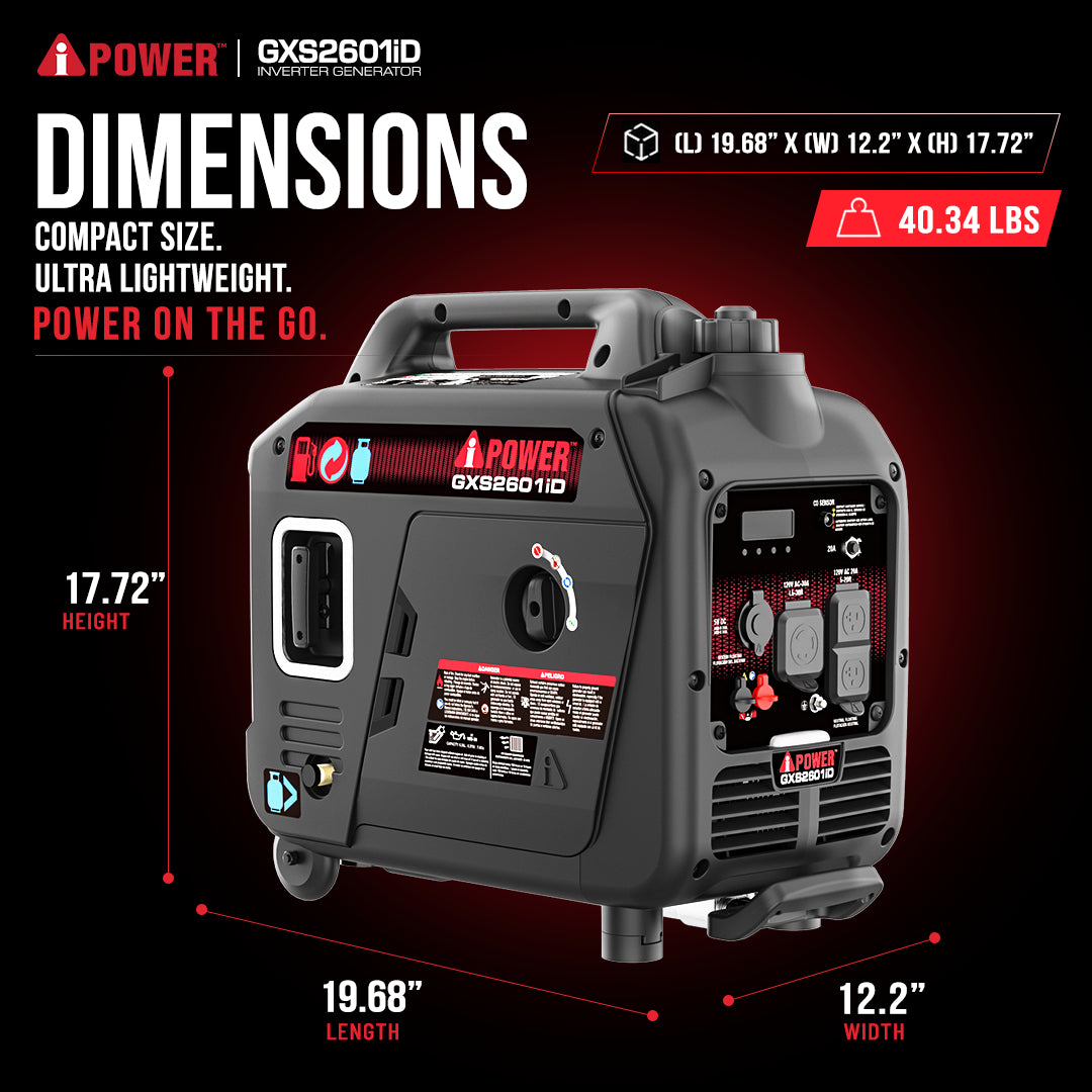 2600W Dual Fuel Inverter Generator with CO Alert for RV, Camping & Home Backup - GXS2601iD