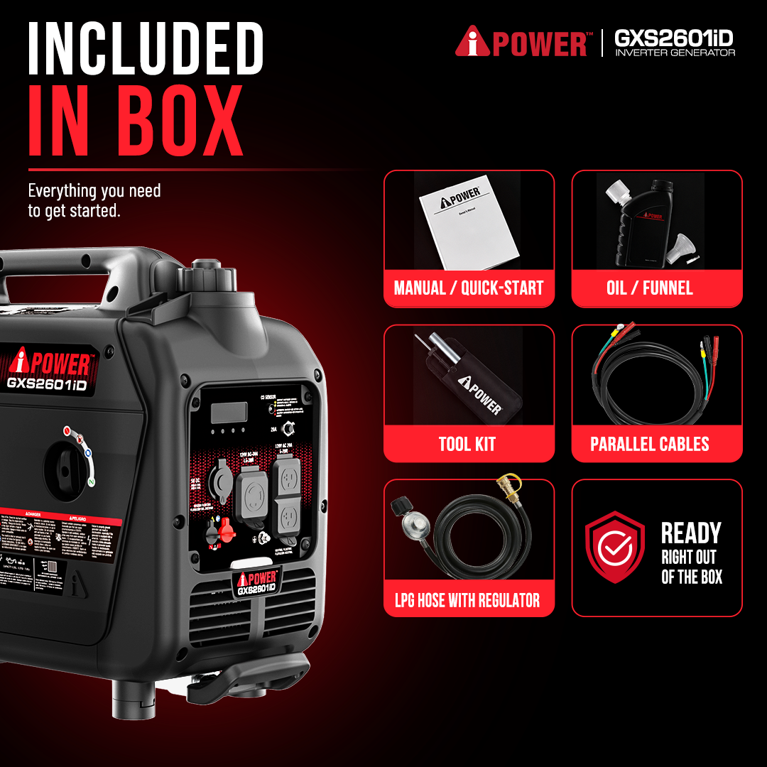 2600W Dual Fuel Inverter Generator with CO Alert for RV, Camping & Home Backup - GXS2601iD