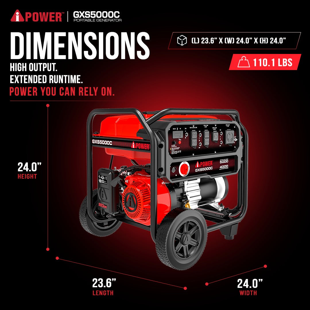 5000 Watt Portable Gas Generator with CO Sensor, Long Runtime Generator for Home Backup, RV & Jobsite Use-GXS5000C