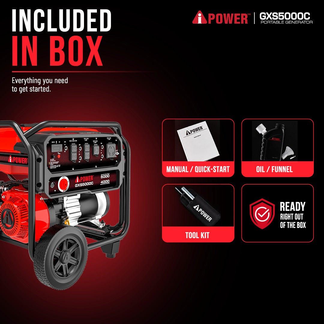 5000 Watt Portable Gas Generator with CO Sensor, Long Runtime Generator for Home Backup, RV & Jobsite Use-GXS5000C