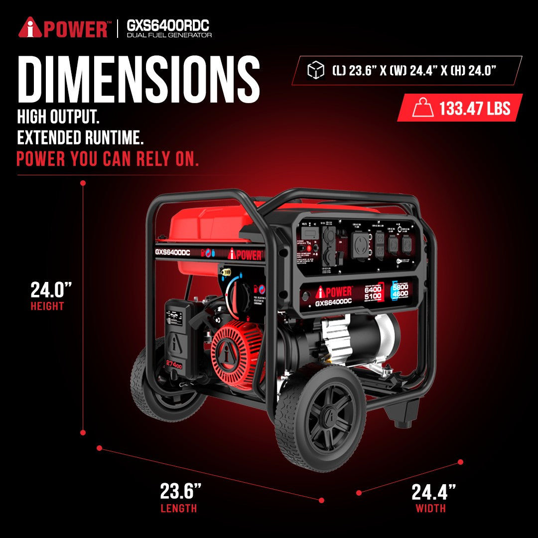 6400 Watt Dual Fuel Portable Generator with CO Sensor, Gas & Propane Generator for Home Backup, RV & Jobsite - GXS6400DC