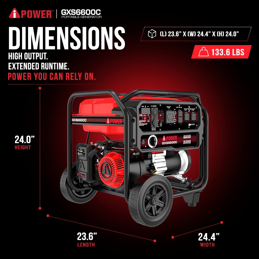 6600-Watt Portable Generator with Folding Handle and Flat-Free Wheels GXS6600C