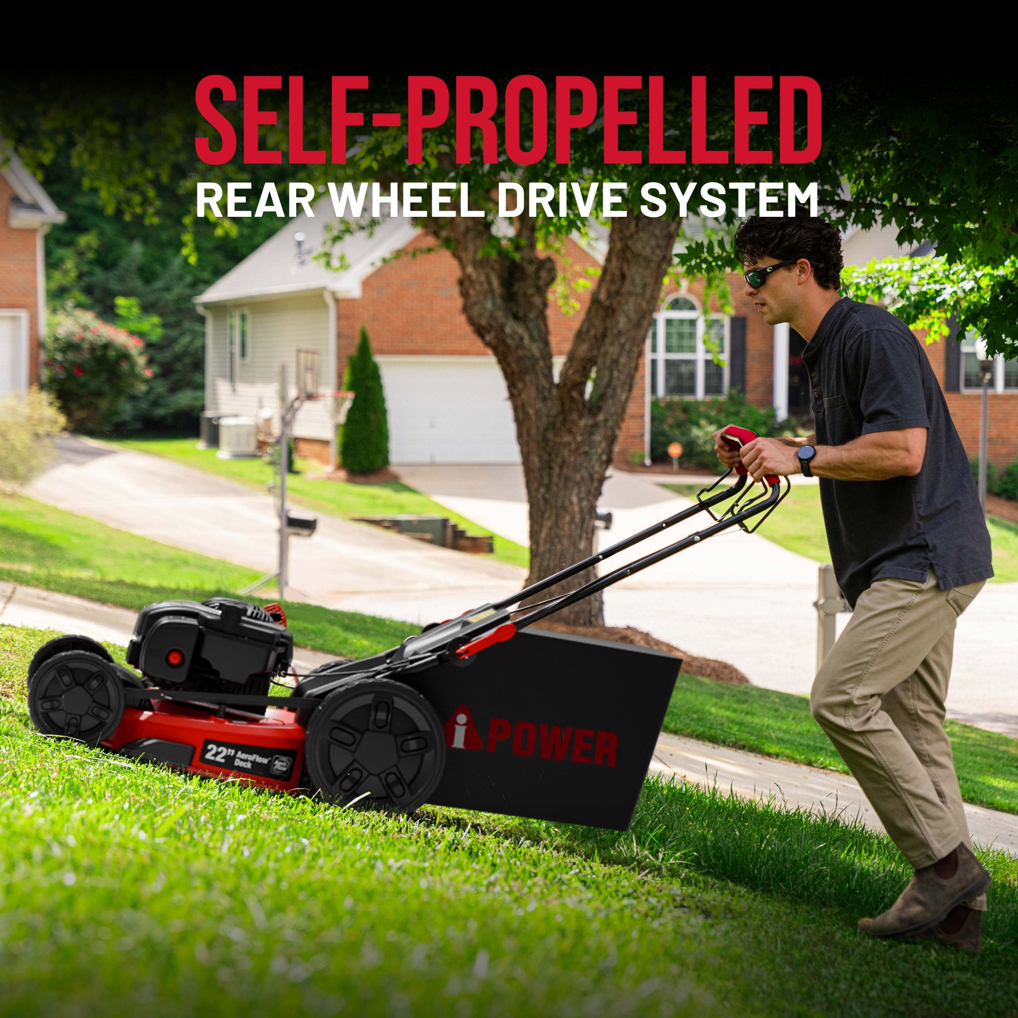 A-iPower 22'' Self-Propelled RWD Walk Behind Mower with Aero Flow™ Deck 3 in 1 Bag & Mulching & Side Discharge with 6 Position Adjustable Height-LM3N1-SPR