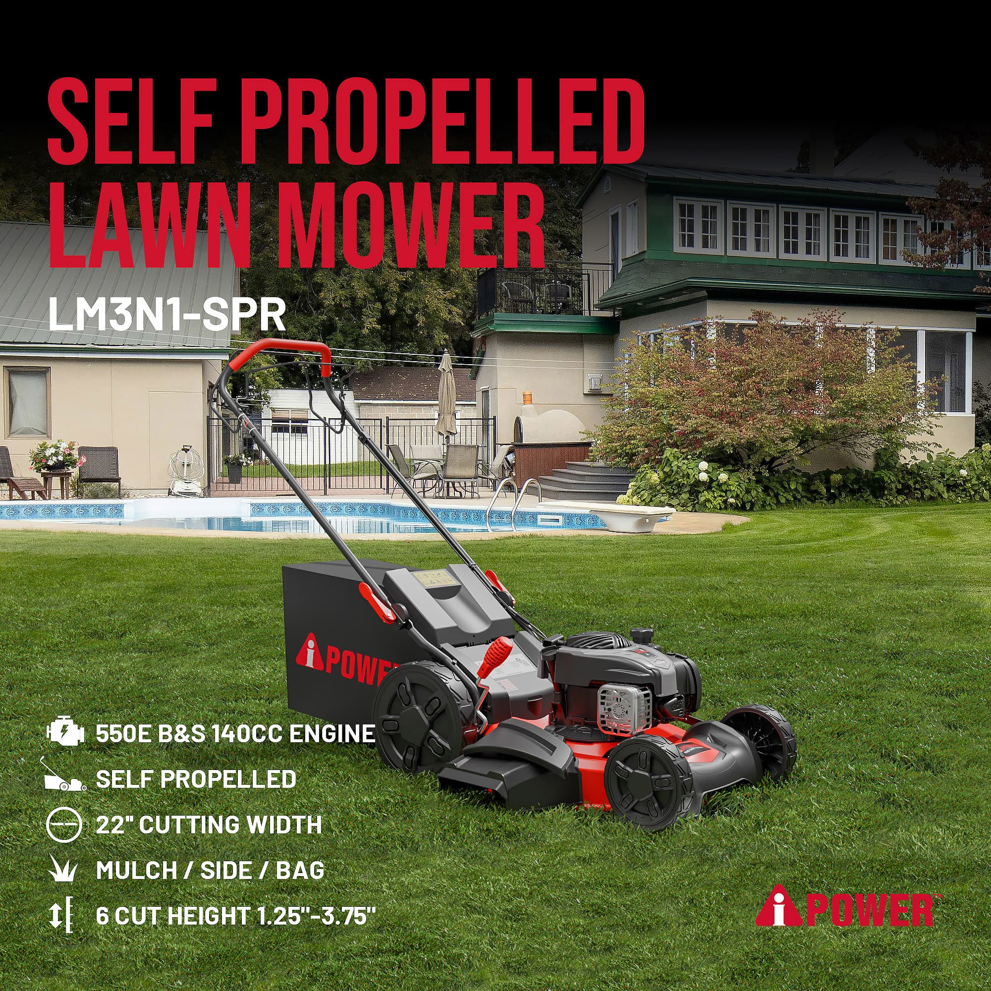 A-iPower 22'' Self-Propelled RWD Walk Behind Mower with Aero Flow™ Deck 3 in 1 Bag & Mulching & Side Discharge with 6 Position Adjustable Height-LM3N1-SPR