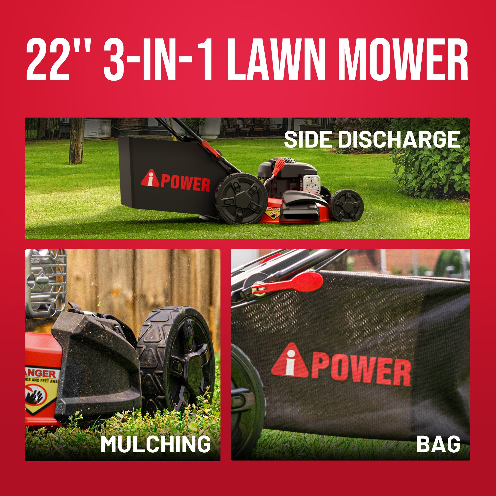 A-iPower 22'' Self-Propelled RWD Walk Behind Mower with Aero Flow™ Deck 3 in 1 Bag & Mulching & Side Discharge with 6 Position Adjustable Height-LM3N1-SPR