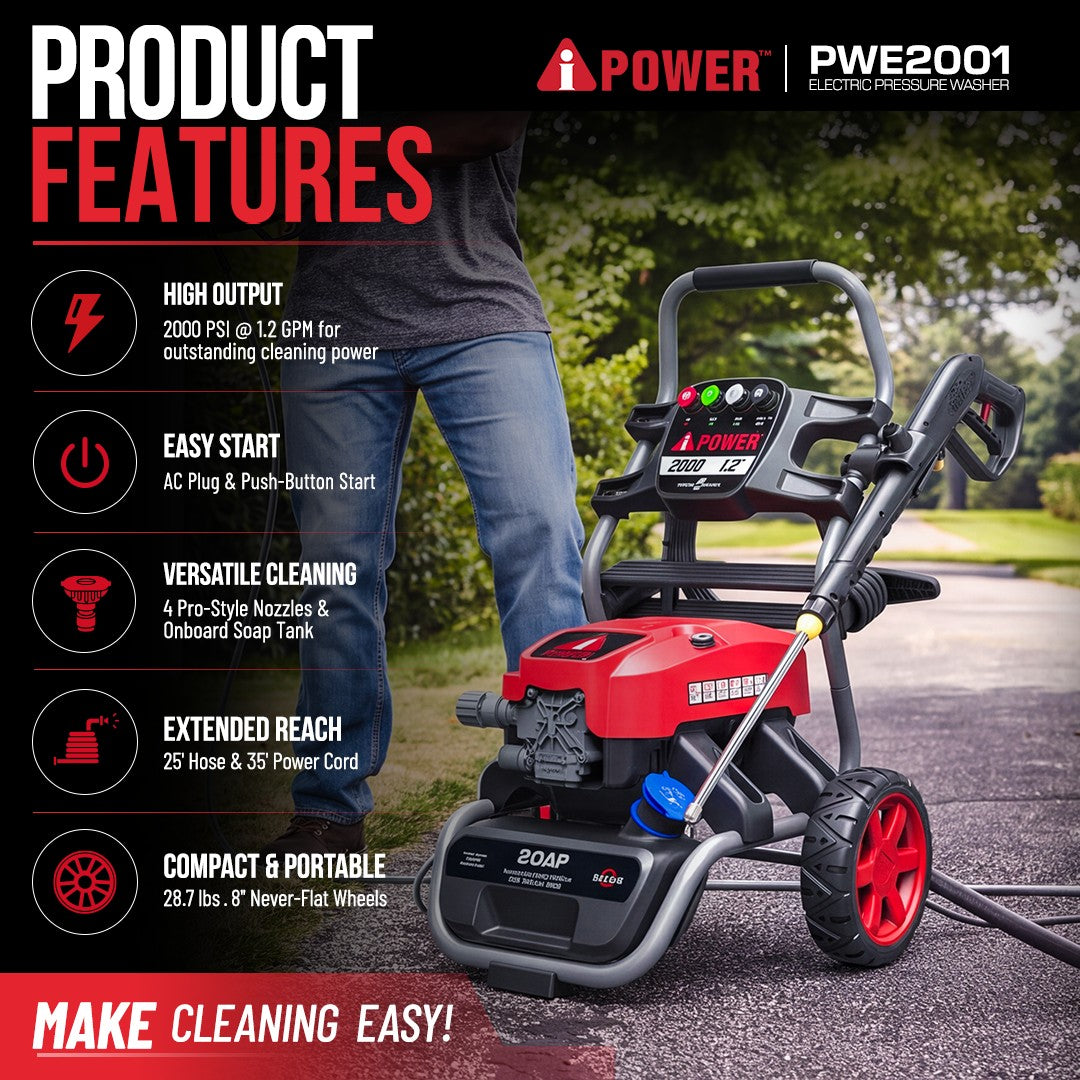 2000 PSI Electric Pressure Washer, Portable Power Washer for Cars, Driveways, Patios & Outdoor Cleaning - PWE2001