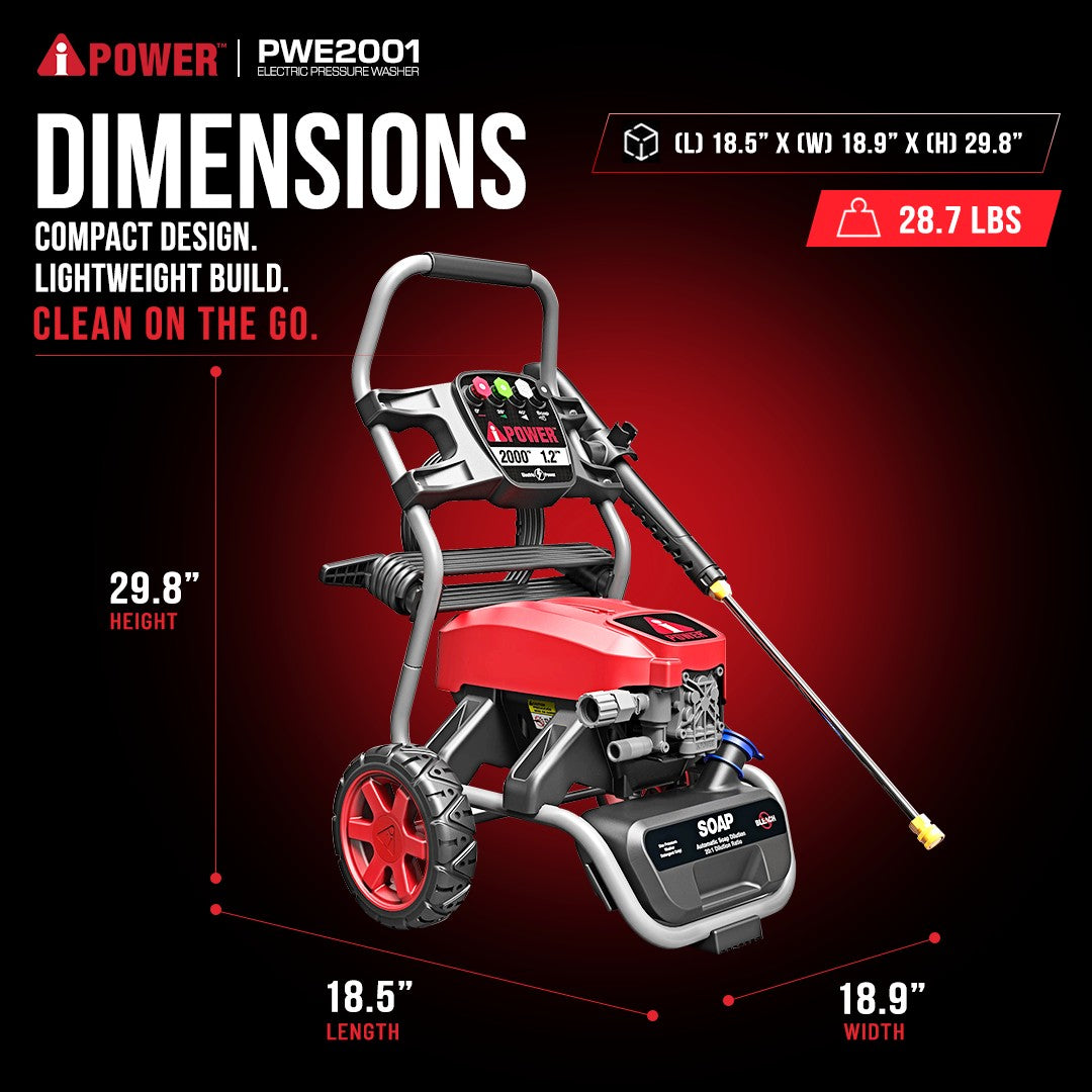 2000 PSI Electric Pressure Washer, Portable Power Washer for Cars, Driveways, Patios & Outdoor Cleaning - PWE2001
