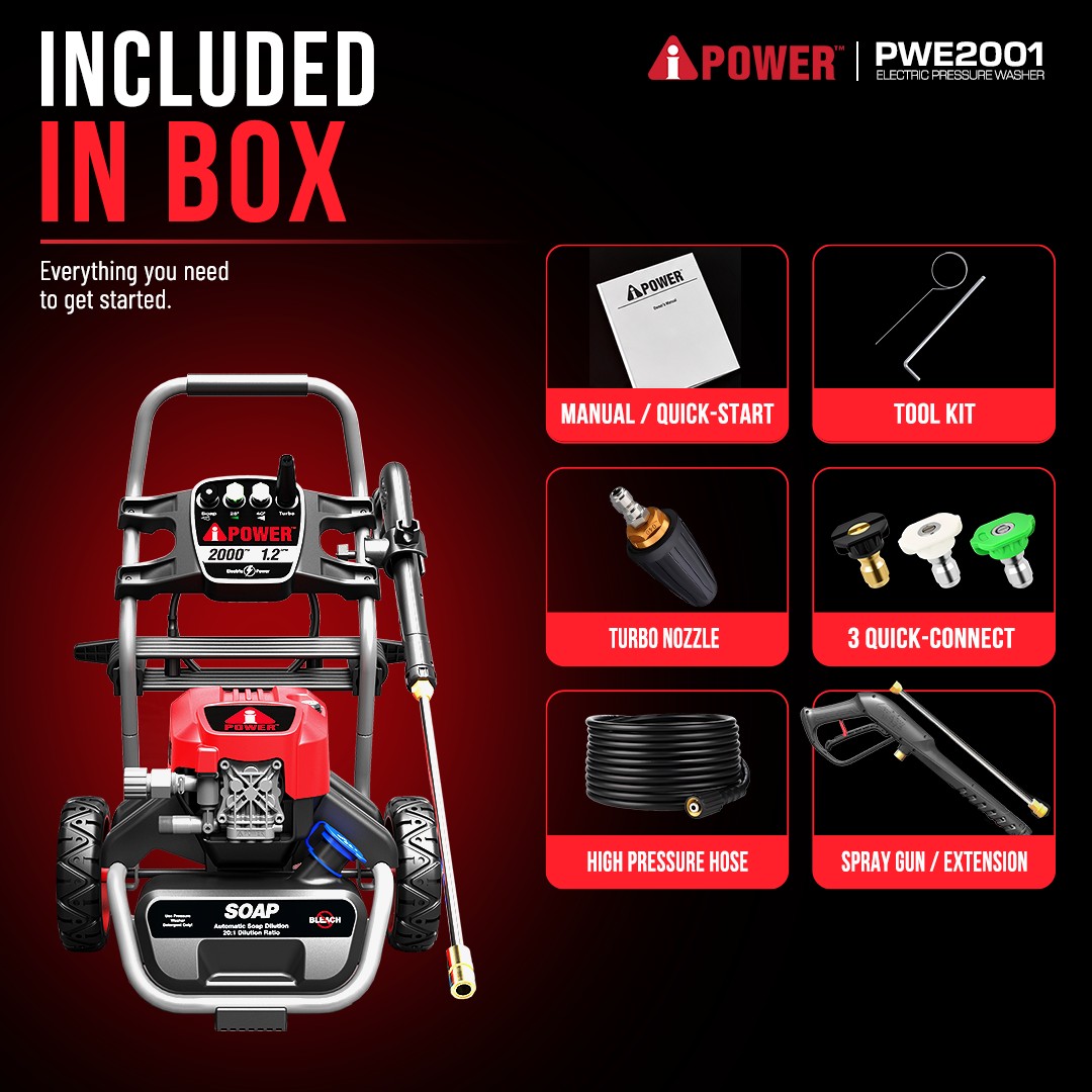 2000 PSI Electric Pressure Washer, Portable Power Washer for Cars, Driveways, Patios & Outdoor Cleaning - PWE2001