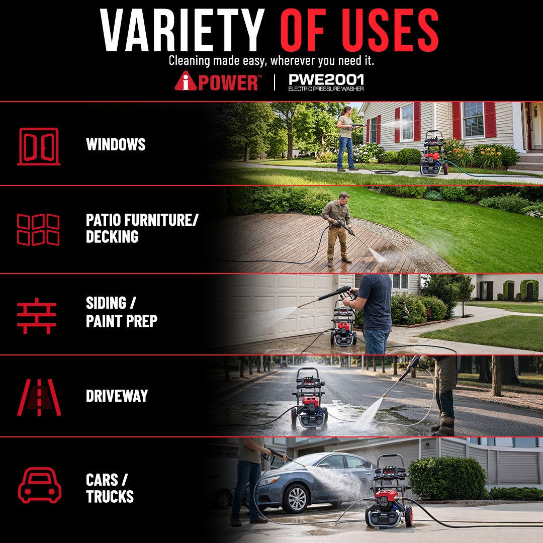 2000 PSI Electric Pressure Washer, Portable Power Washer for Cars, Driveways, Patios & Outdoor Cleaning - PWE2001