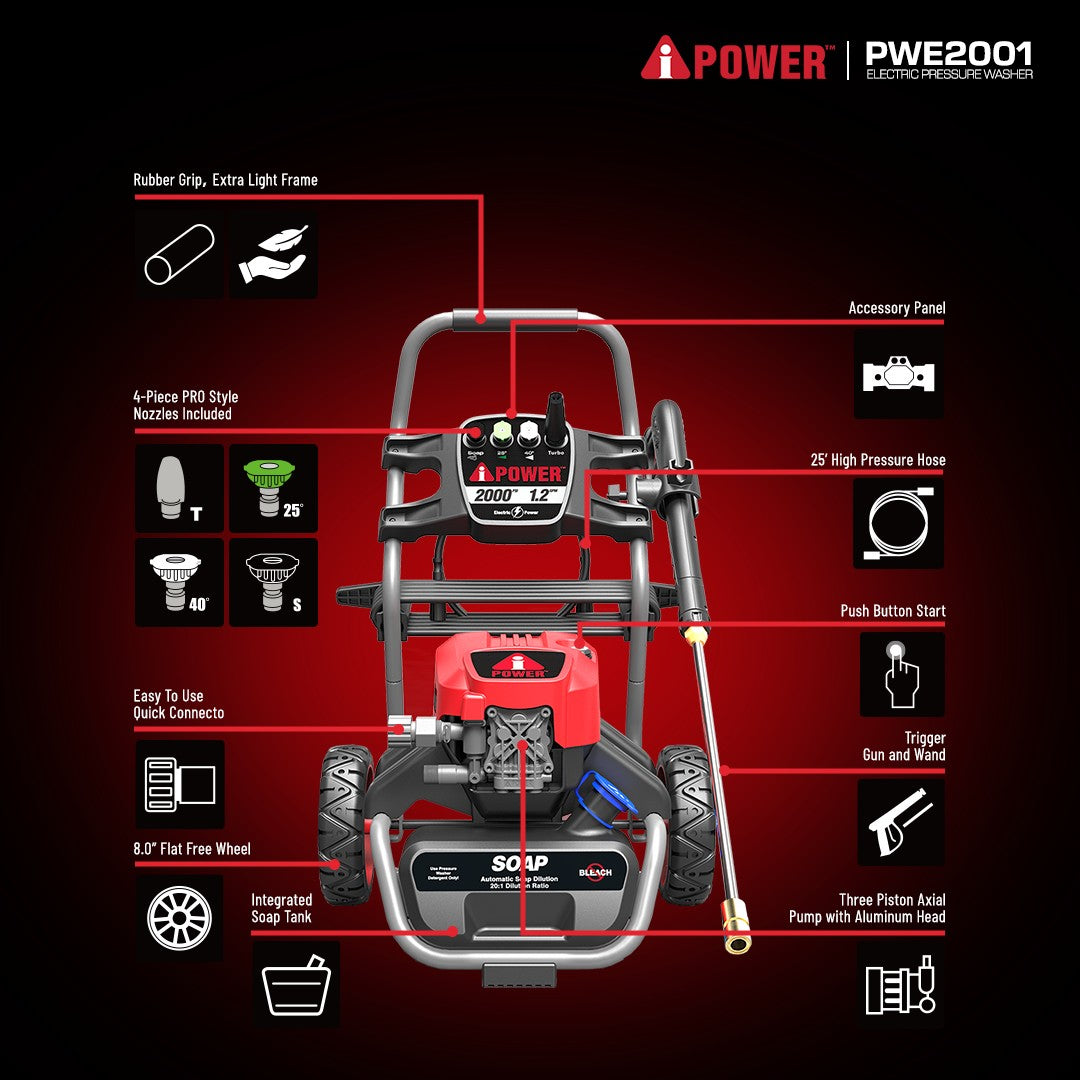 2000 PSI Electric Pressure Washer, Portable Power Washer for Cars, Driveways, Patios & Outdoor Cleaning - PWE2001