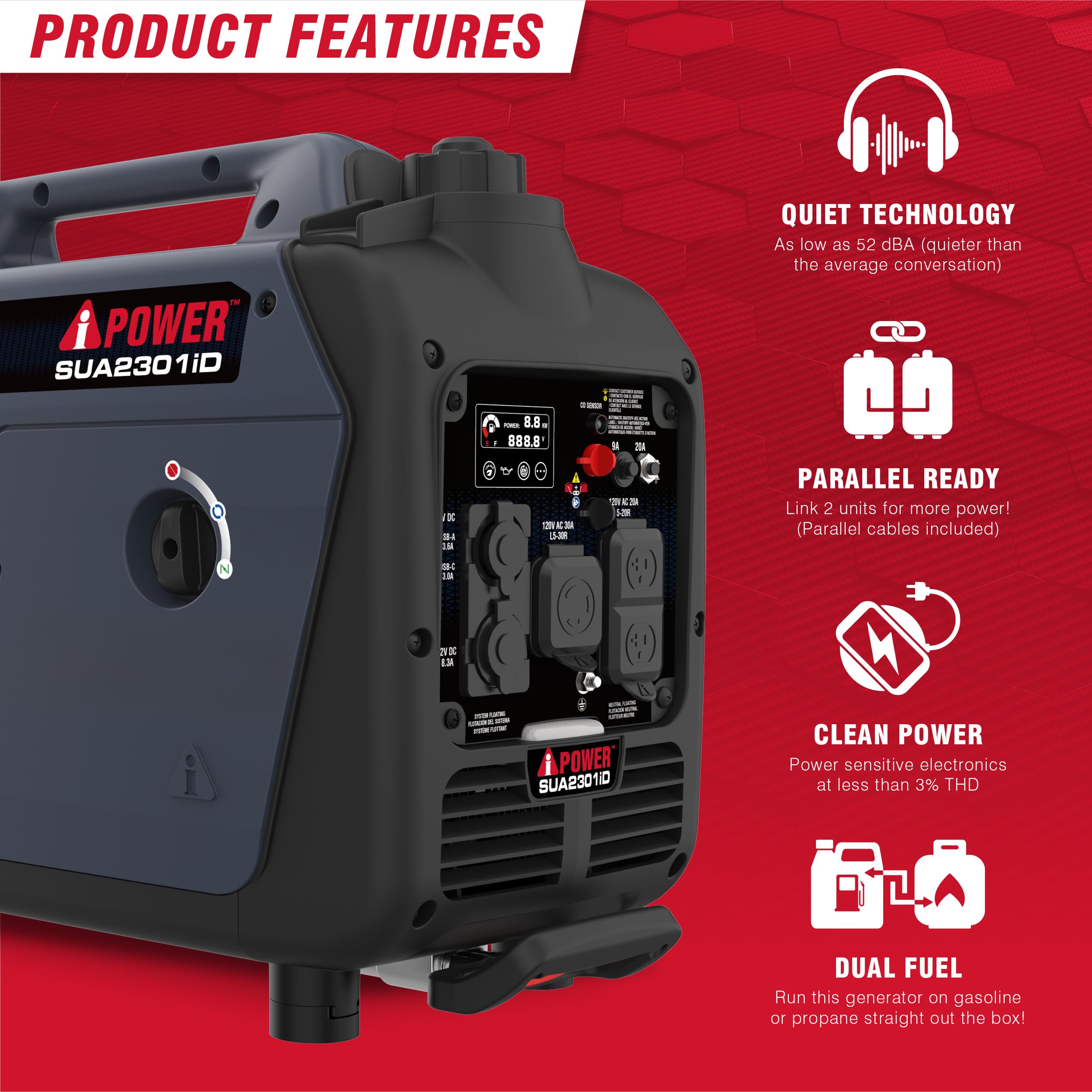 2300W Dual Fuel Portable Inverter Generator With CO Alert SUA2301iD